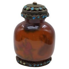Antique Chinese Amber Glass Inside Painted Mounted Snuff Bottle Qing Late 19c