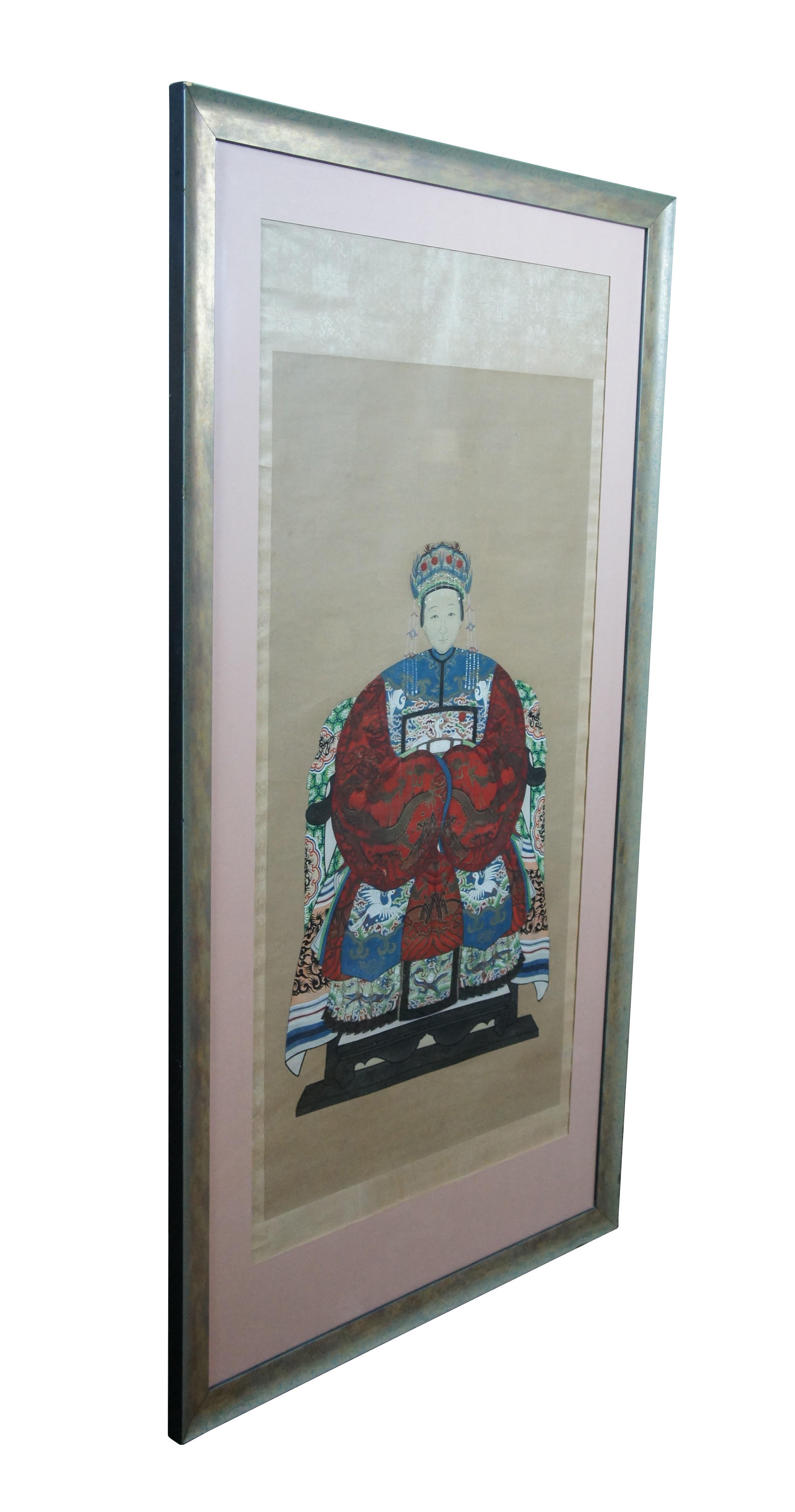 Chinese Export Antique Chinese Ancestor Empress Portrait Watercolor Scroll Painting 57