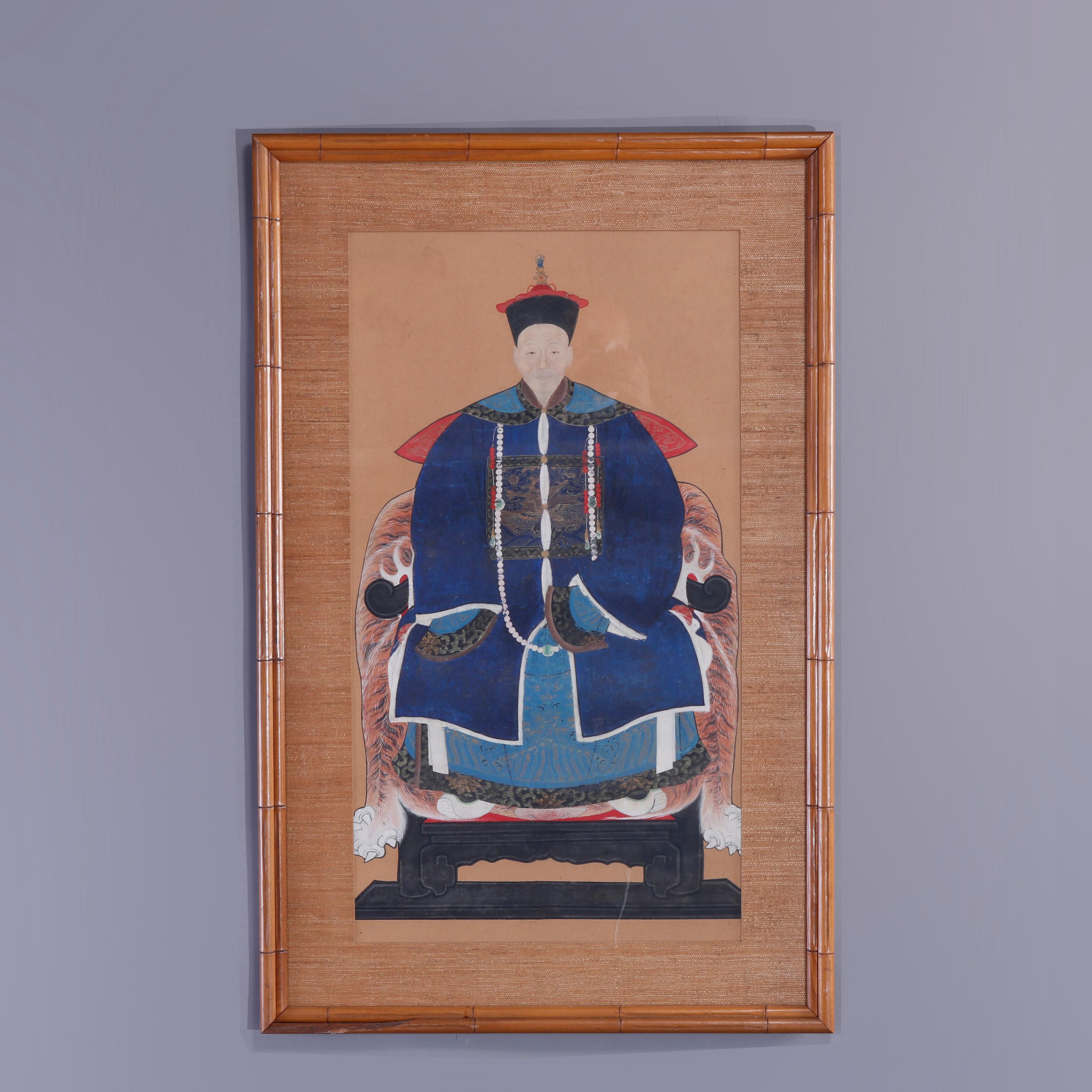An antique Chinese Mandarin painting offers watercolor portrait of seated man, framed, c1900

Measures - 37.5'' H x 24.25'' W x 1.5'' D; sight: 31'' x 27.25''.