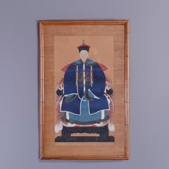 Antique Chinese Ancestral Mandarin Portrait, Watercolor circa 1900