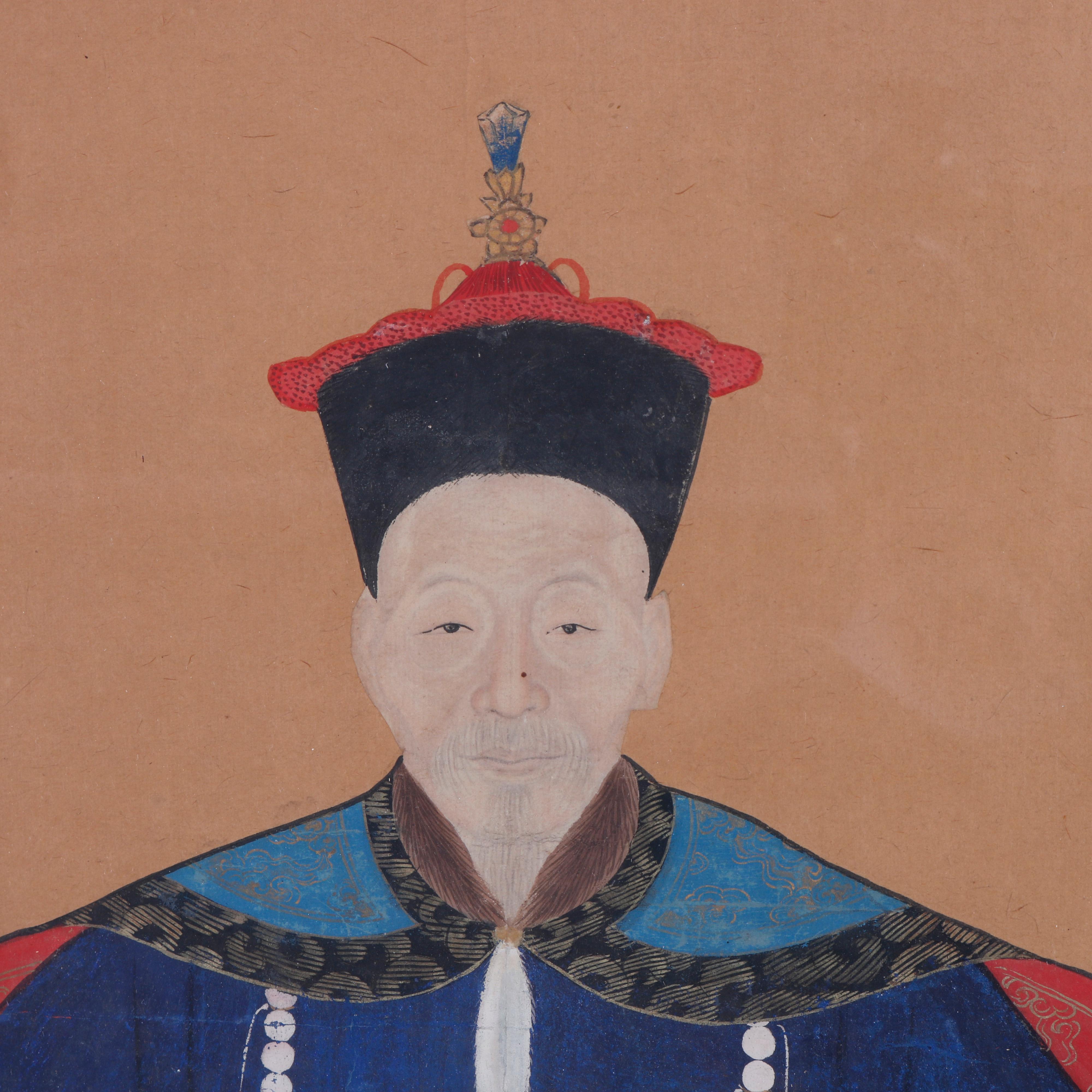 Hand-Painted Antique Chinese Ancestral Mandarin Portrait, Watercolor circa 1900