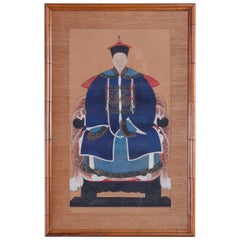 Antique Chinese Ancestral Mandarin Portrait, Watercolor circa 1900