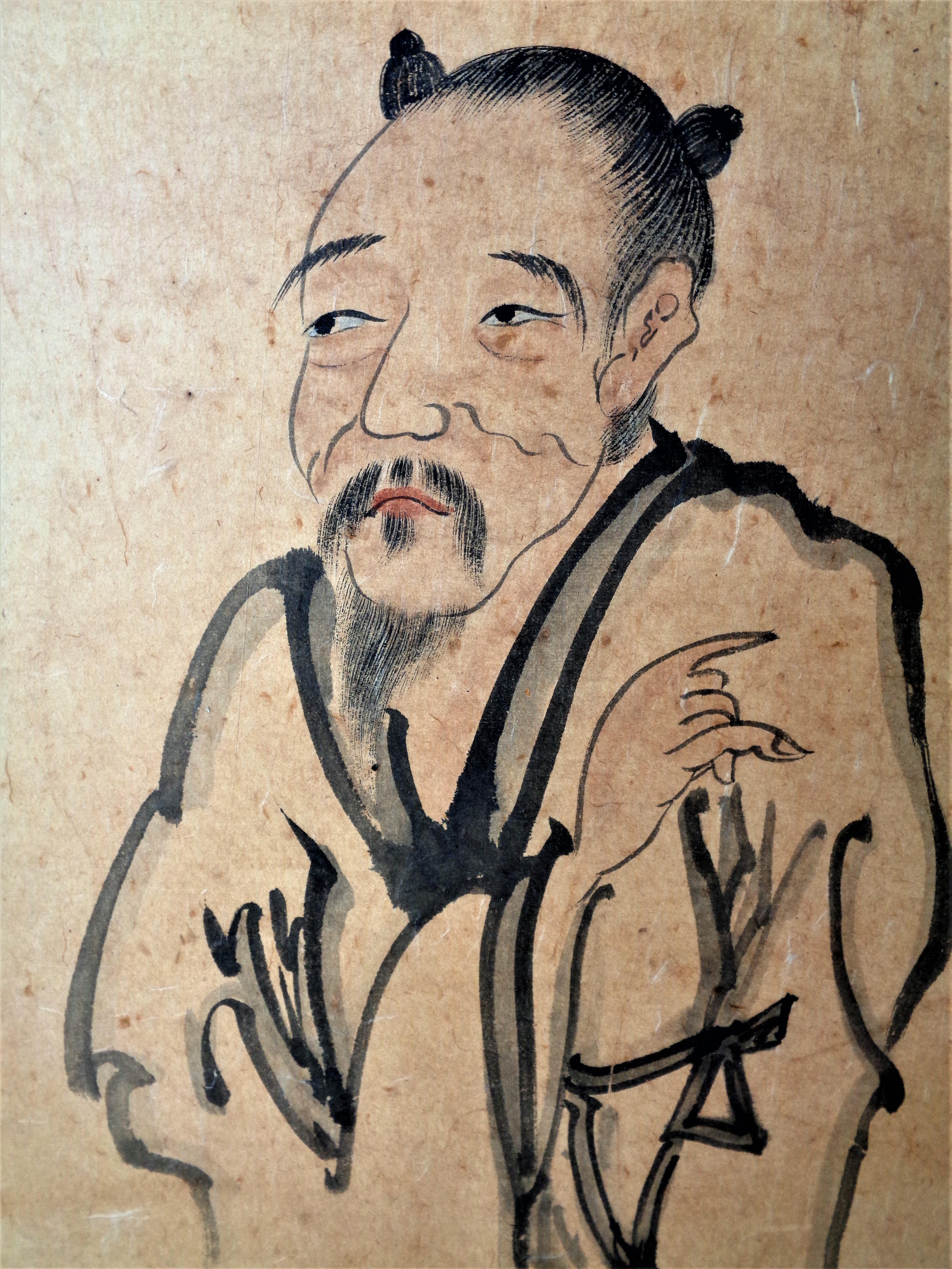 Grasscloth Antique 19th Century Chinese Ancestral Scroll Paintings Two Panel Folding Screen