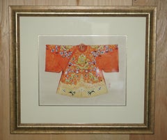 ANTiQUE CHINESE ANCESTRAL WATERCOLOUR PRINTS OF SATIN DRAGON & BUTTERFLY ROBES