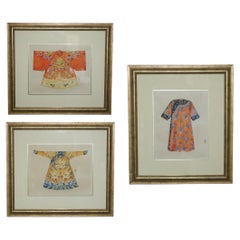 ANTiQUE CHINESE ANCESTRAL WATERCOLOUR PRINTS OF SATIN DRAGON & BUTTERFLY ROBES