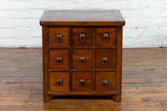 Chinese Square Apothecary Chest with Nine Drawers and Brass Pulls