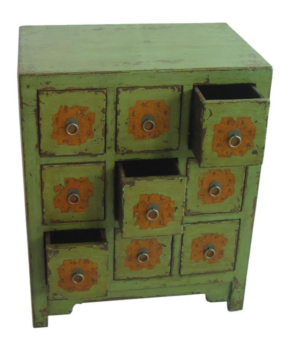 Hand-Painted Antique Chinese Apple Green Medicine Cabinet For Sale