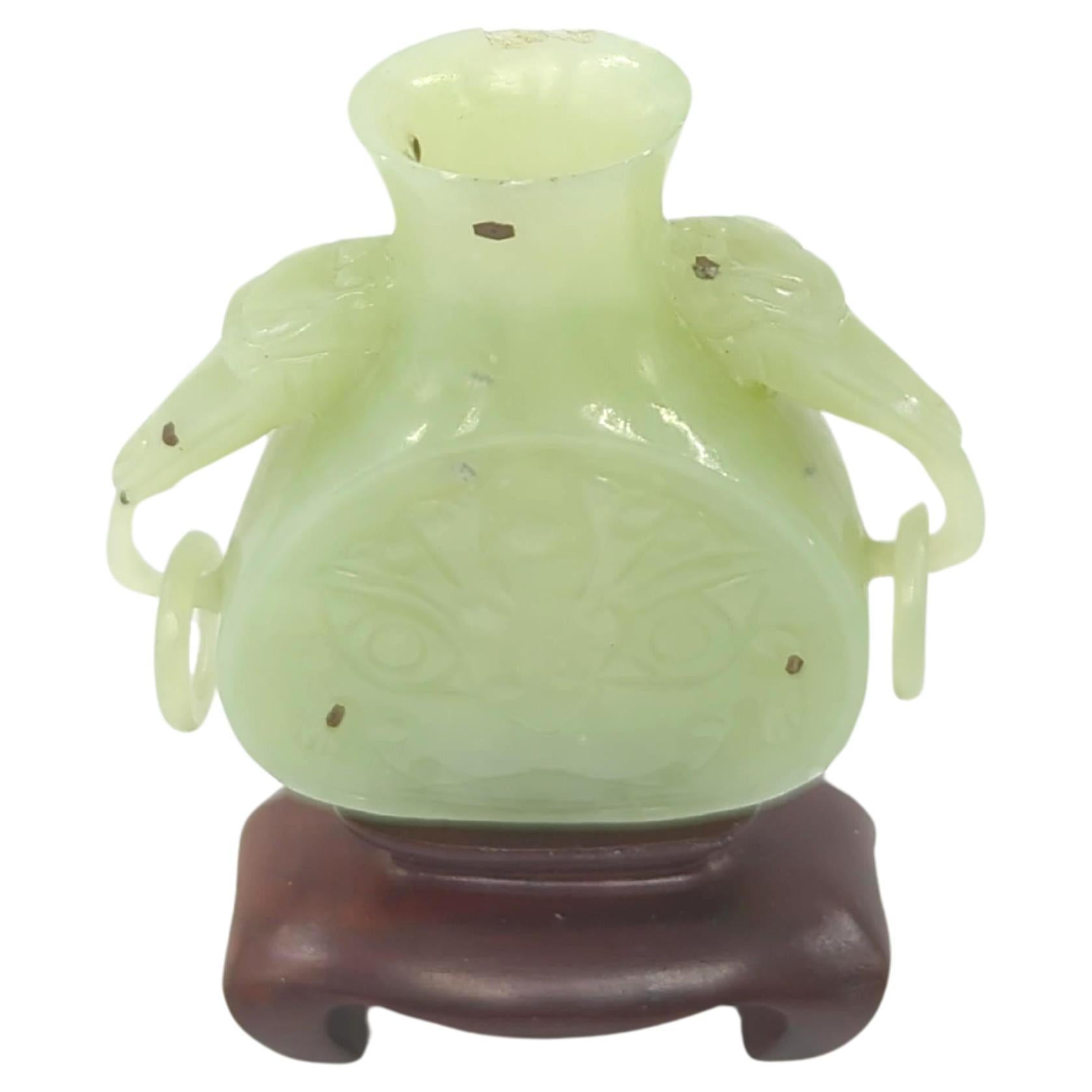Antique Chinese Carved Celadon Jade Mini Vase Archaic Beast Ring Handle Qing 19c In Good Condition For Sale In Richmond, CA