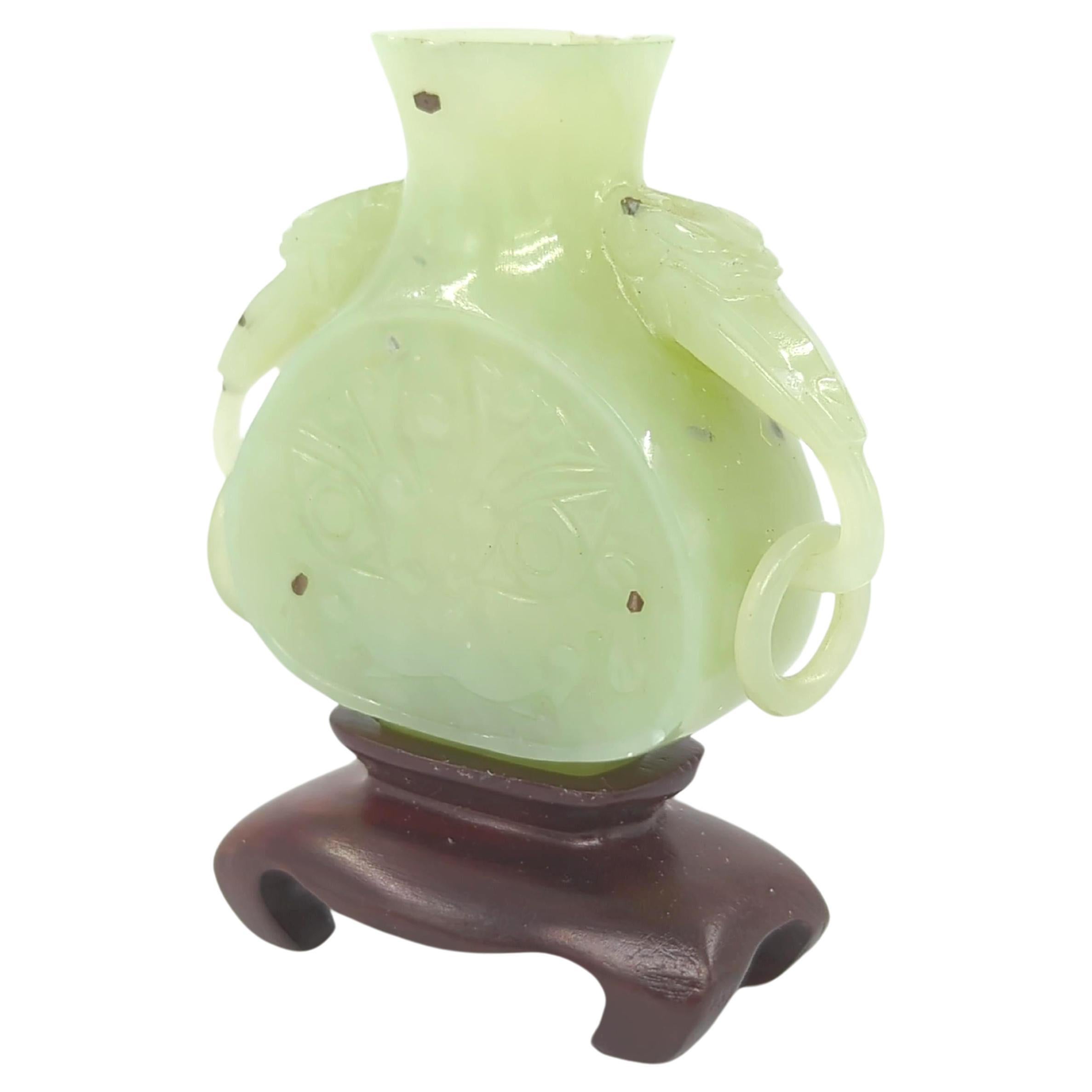 Antique Chinese Carved Celadon Jade Mini Vase Archaic Beast Ring Handle Qing 19c For Sale 4