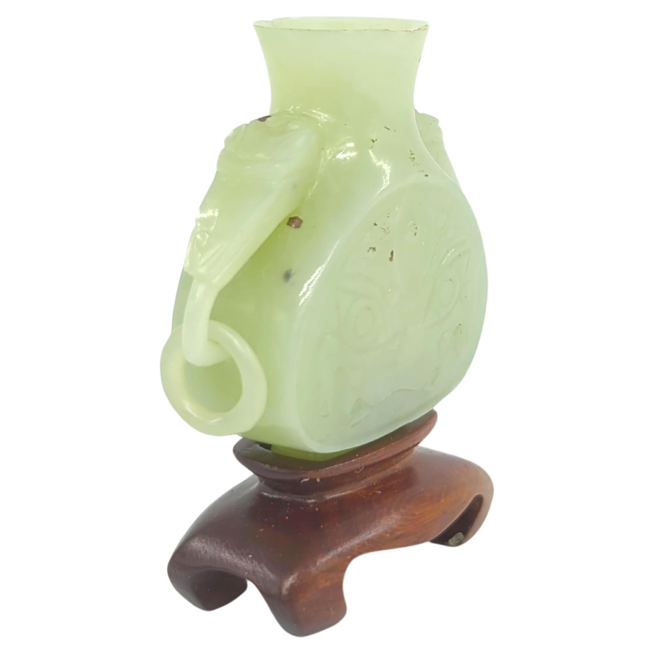 Antique Chinese Carved Celadon Jade Mini Vase Archaic Beast Ring Handle Qing 19c For Sale 5