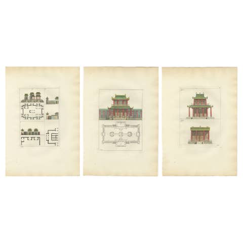 Antique Chinese Architecture Design Prints — Temple Elevations & Plans, 1815