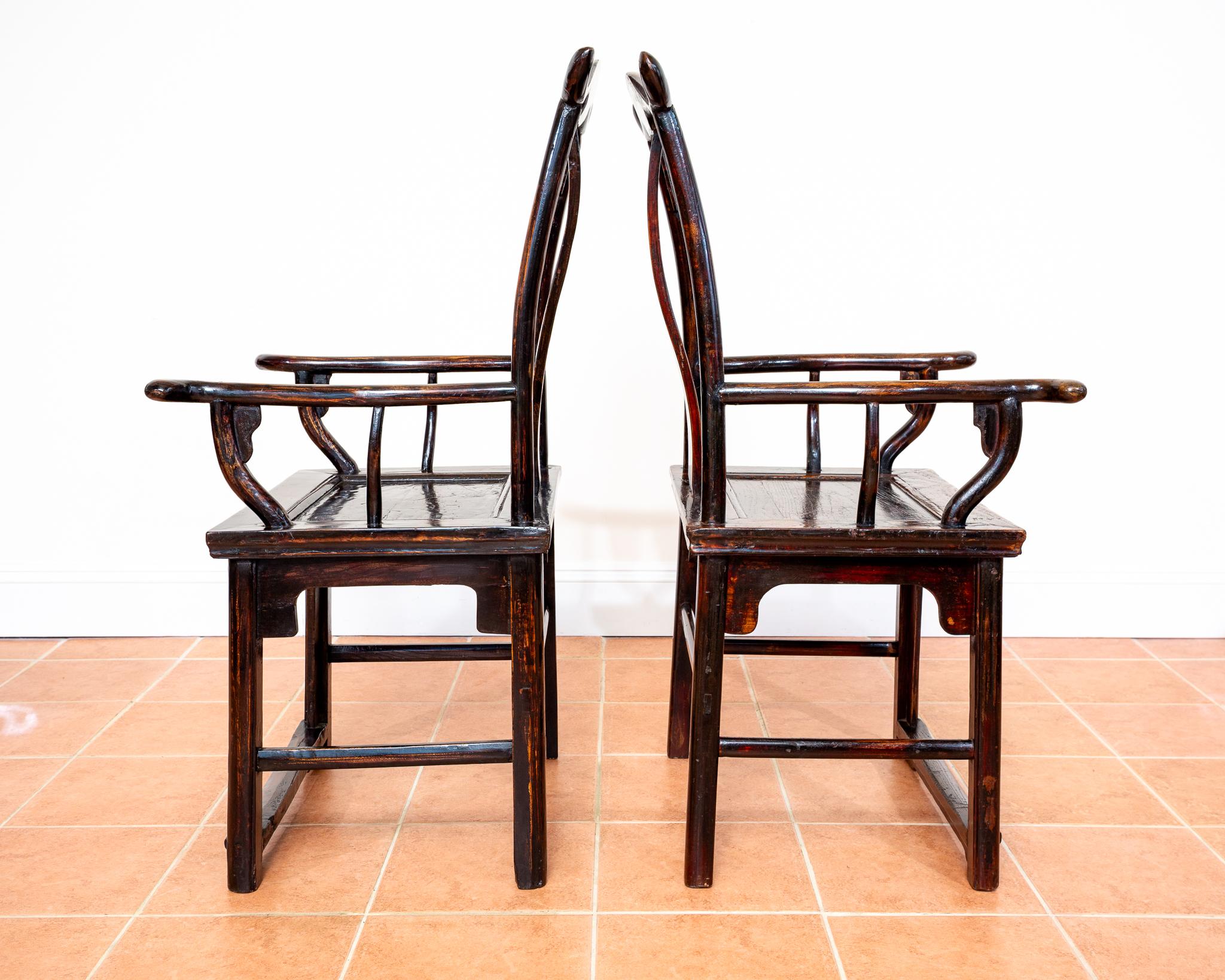 Antique Chinese Armchairs Pair Official Hat Yoke Back Carved Motifs Lacquered For Sale 5