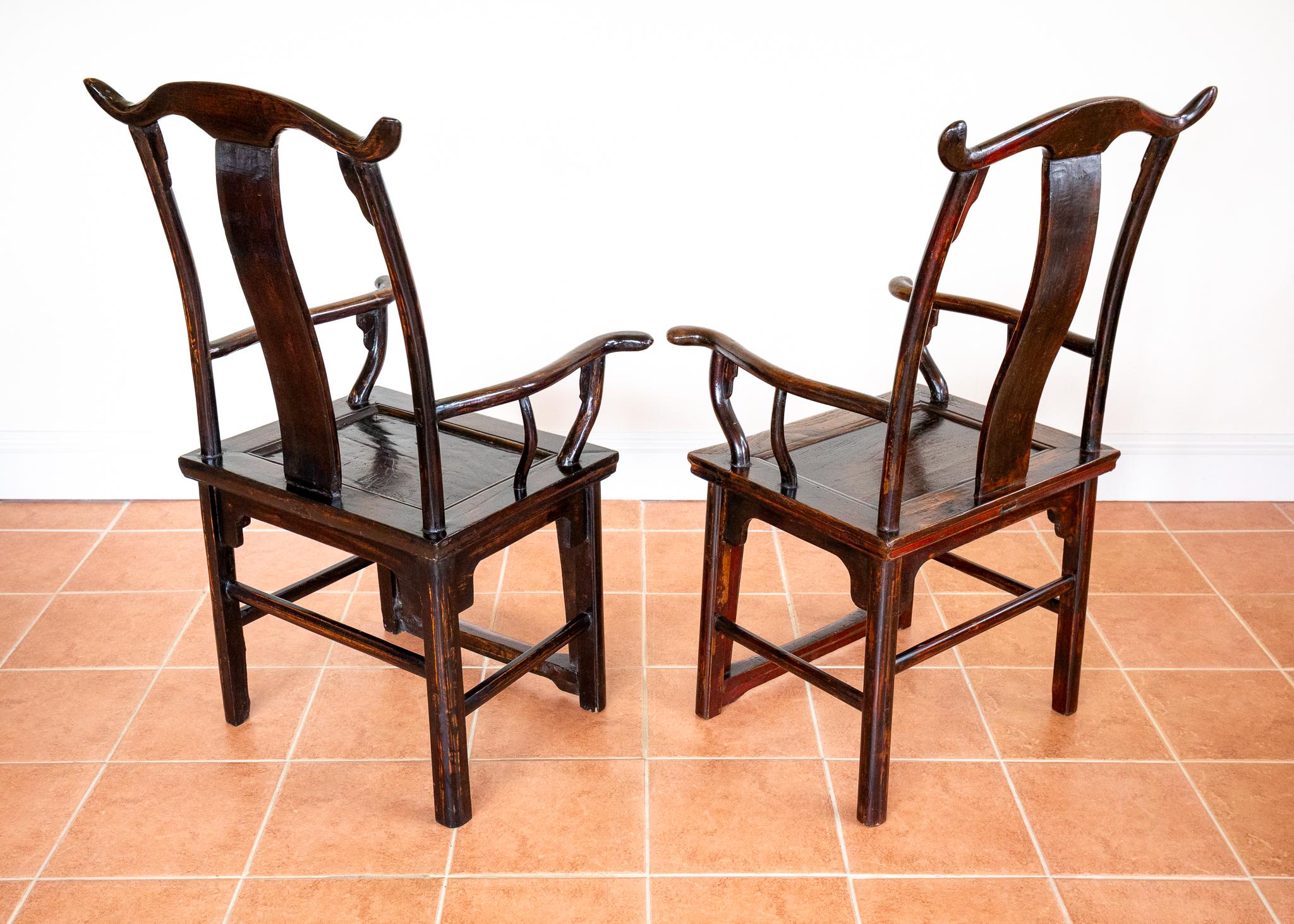 Antique Chinese Armchairs Pair Official Hat Yoke Back Carved Motifs Lacquered For Sale 6