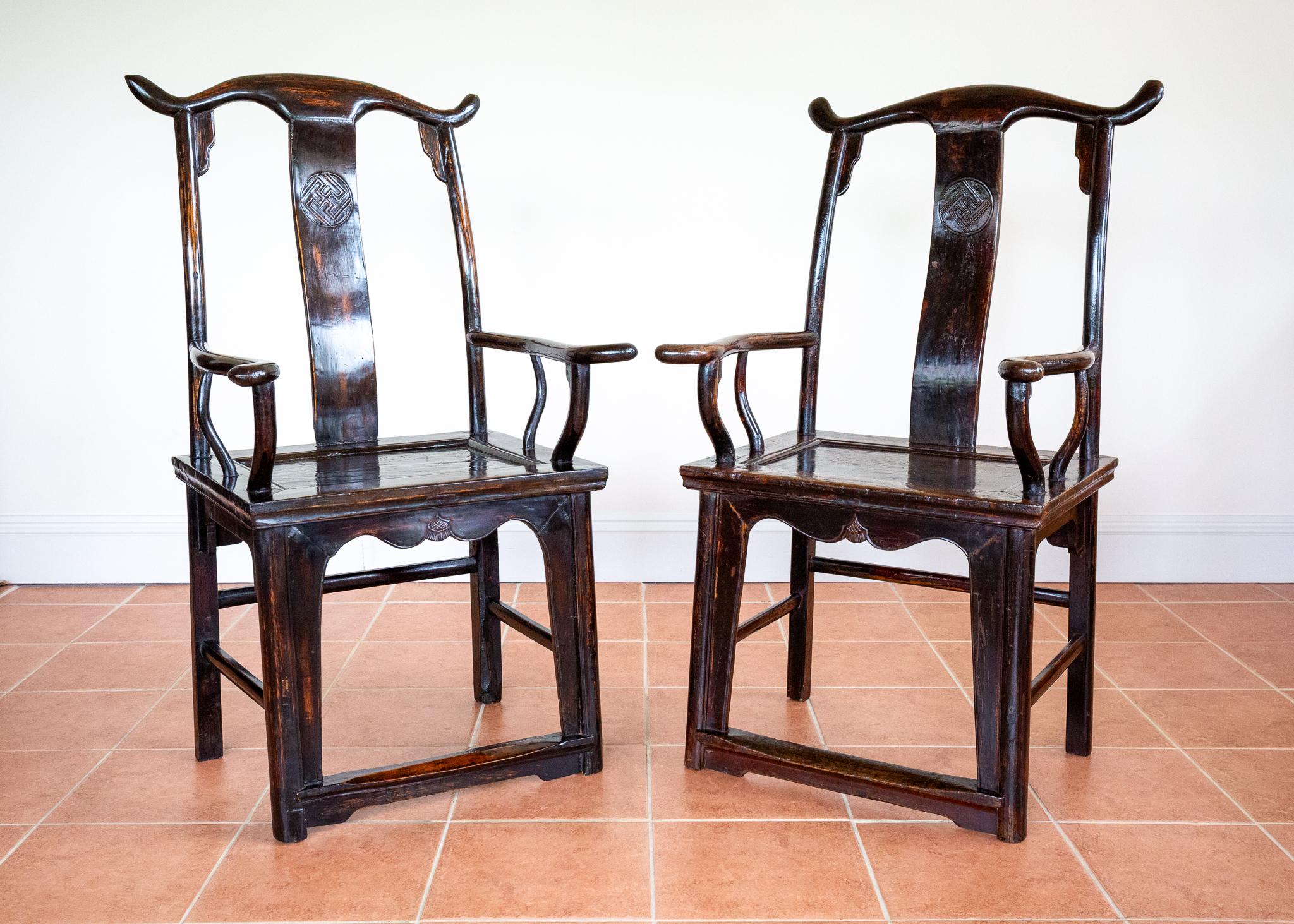 Antique Chinese Armchairs Pair Official Hat Yoke Back Carved Motifs Lacquered For Sale 9
