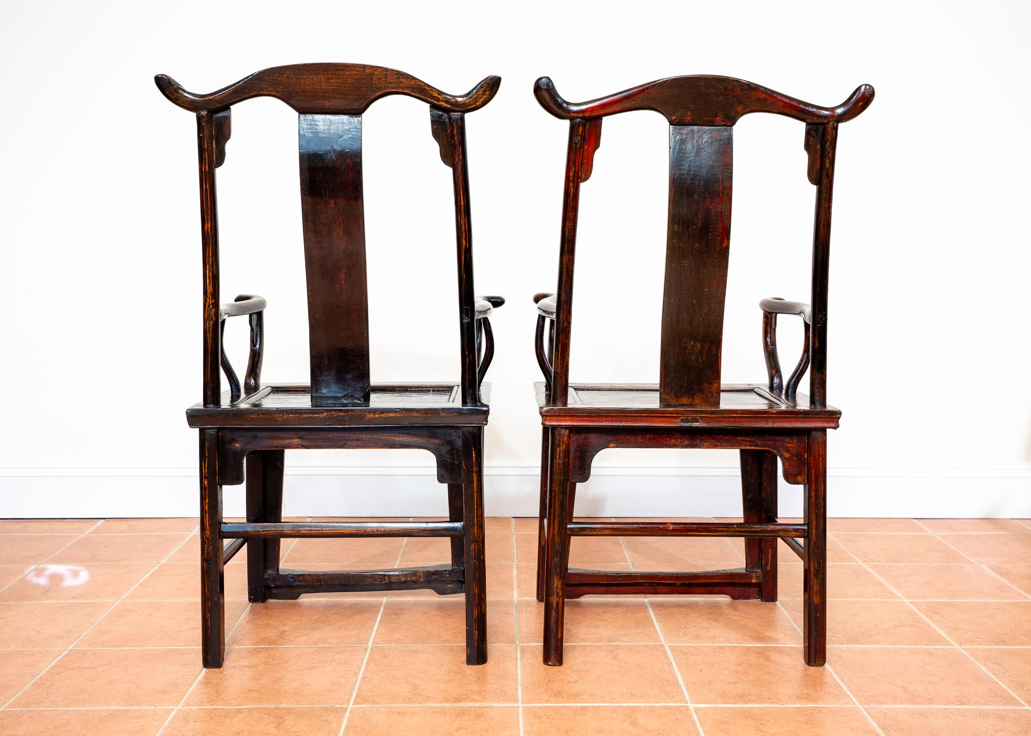 Antique Chinese Armchairs Pair Official Hat Yoke Back Carved Motifs Lacquered For Sale 10