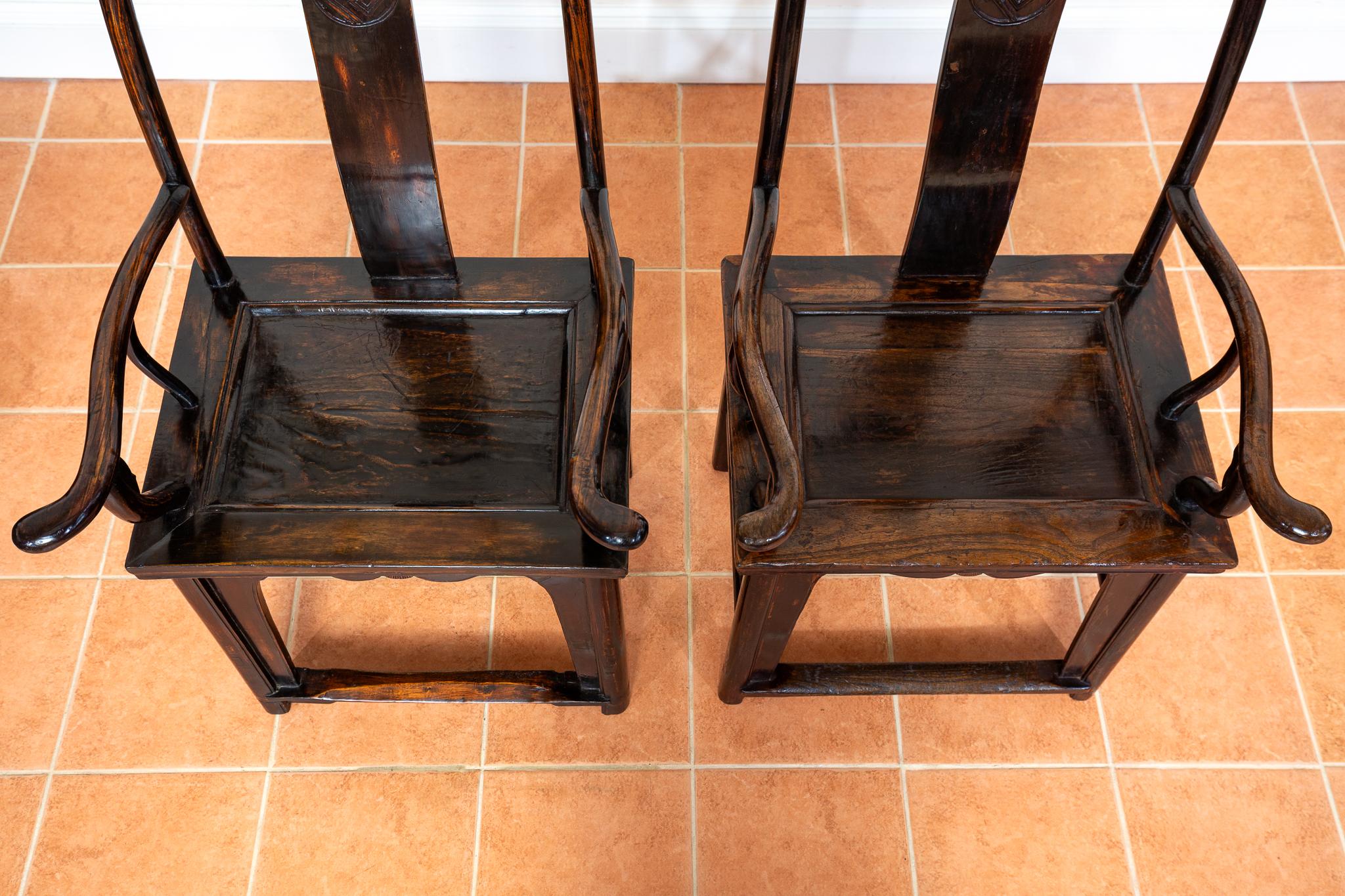 Antique Chinese Armchairs Pair Official Hat Yoke Back Carved Motifs Lacquered For Sale 12