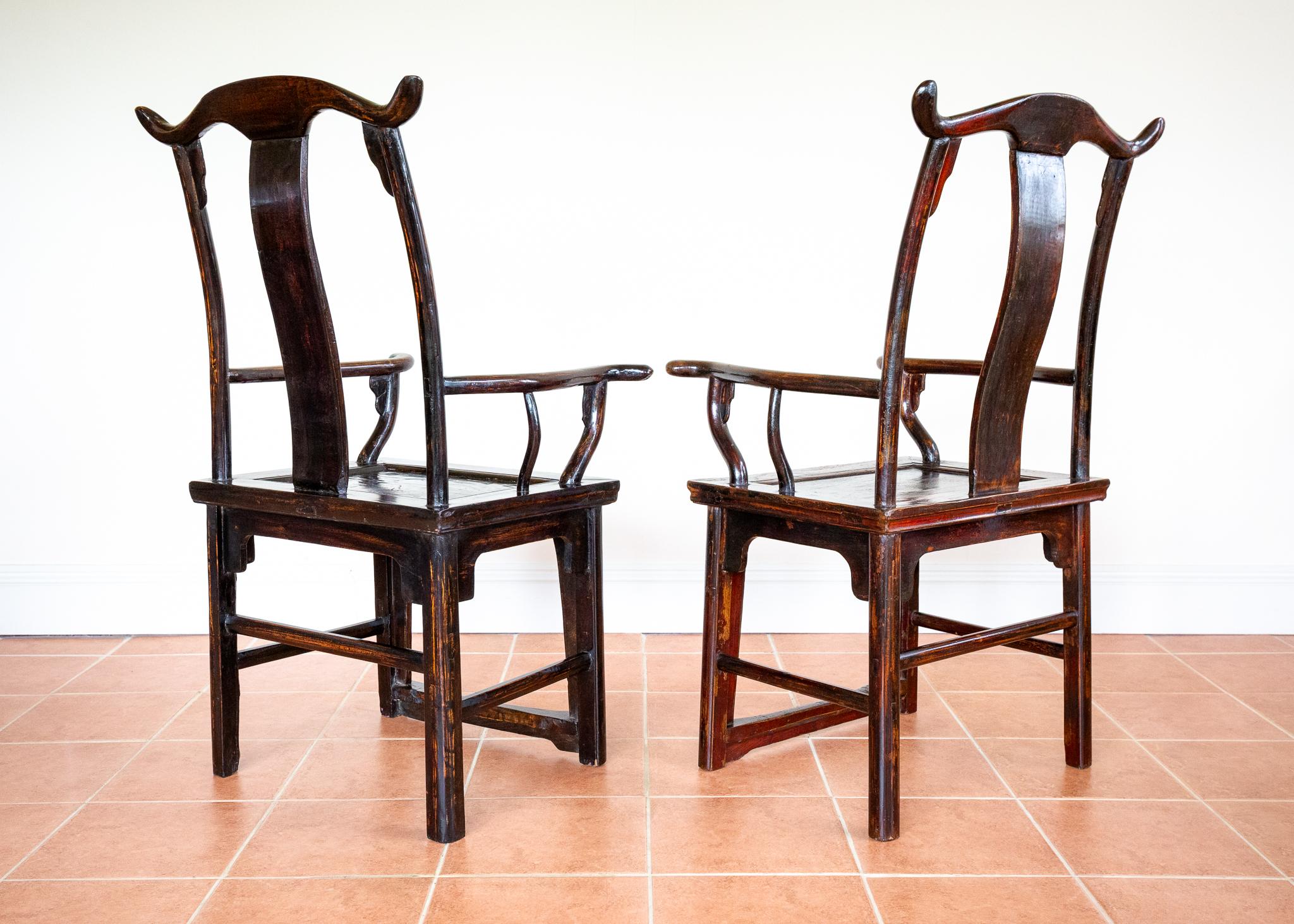 Antique Chinese Armchairs Pair Official Hat Yoke Back Carved Motifs Lacquered For Sale 2