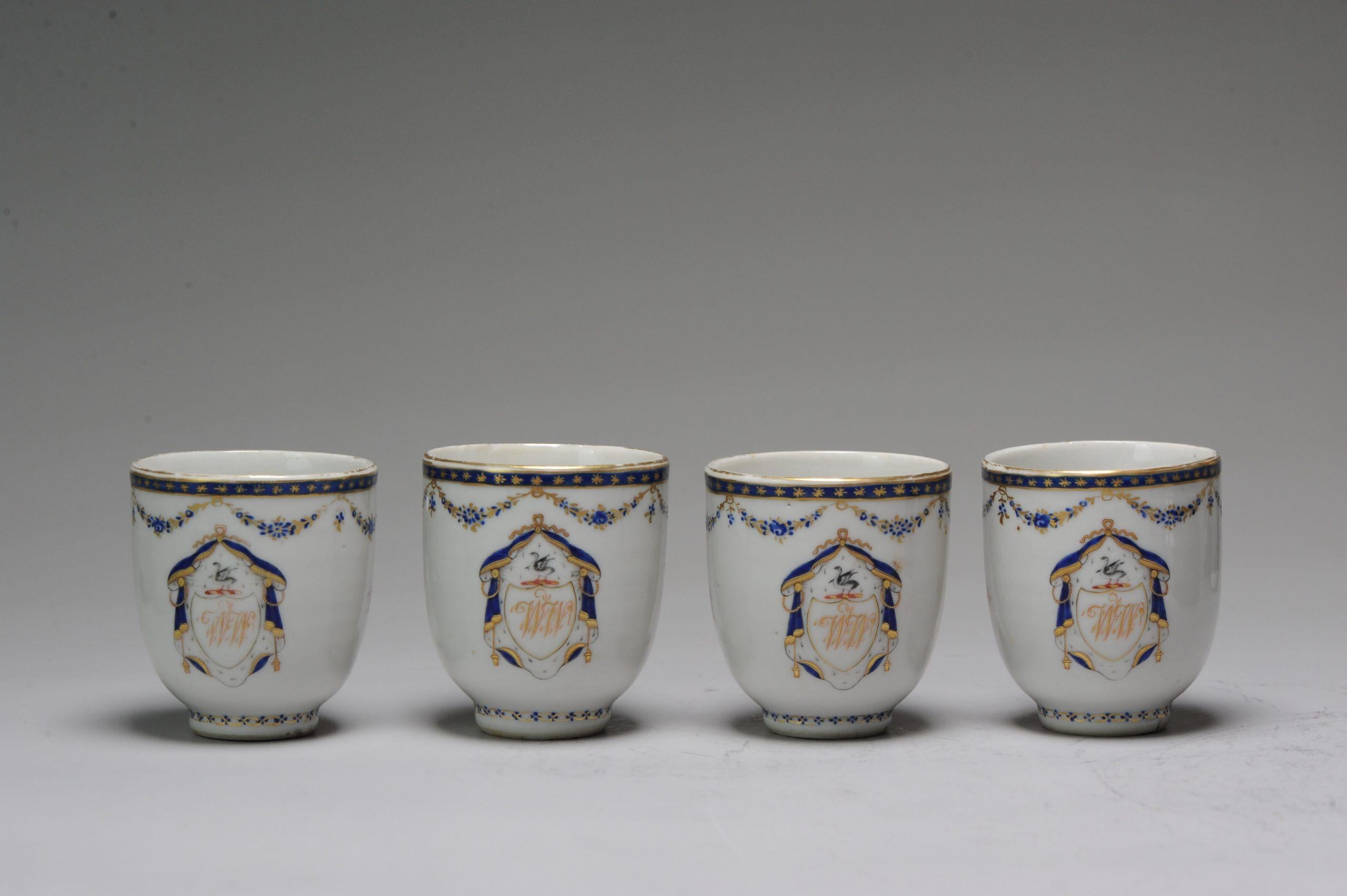 Description

A lovely set of 4 Armorial tea / coffee cups with the monogram WW.

Condition
1 Cup with handle restored. 1 cup with frit to inside rim and minimal fleebites to base rim, 2 cup with 1 small frit to base rim. Size 80x65mm Diameter