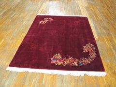 1930s Deep Red Burgundy Antique Floral Chinese Art Deco Carpet 6'x8'9" Wool Rug