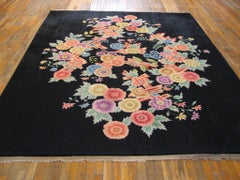 Beautiful Multicolored Rose Center in a Black Ground Color Chinese Art Deco Rug