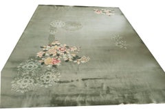 1930s Green Modernist Antique Chinese Art Deco Carpet 9'x12' Knotted Wool Rug