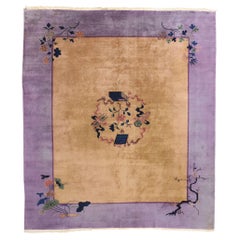 Antico tappeto cinese Art Deco Baotou con studioso in pittura