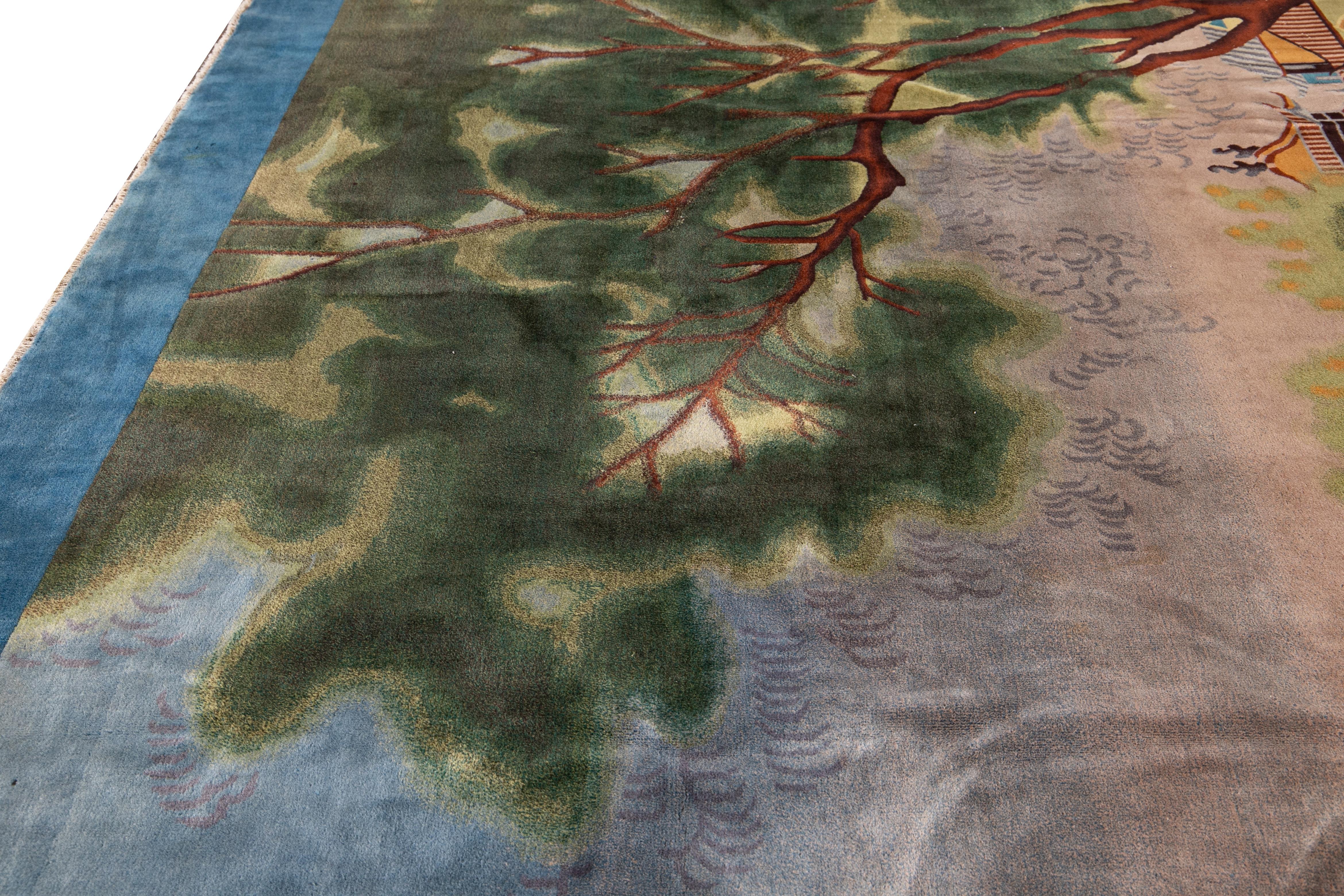 Tapis surdimensionné Art Déco chinois bleu fait à la main en vente 2