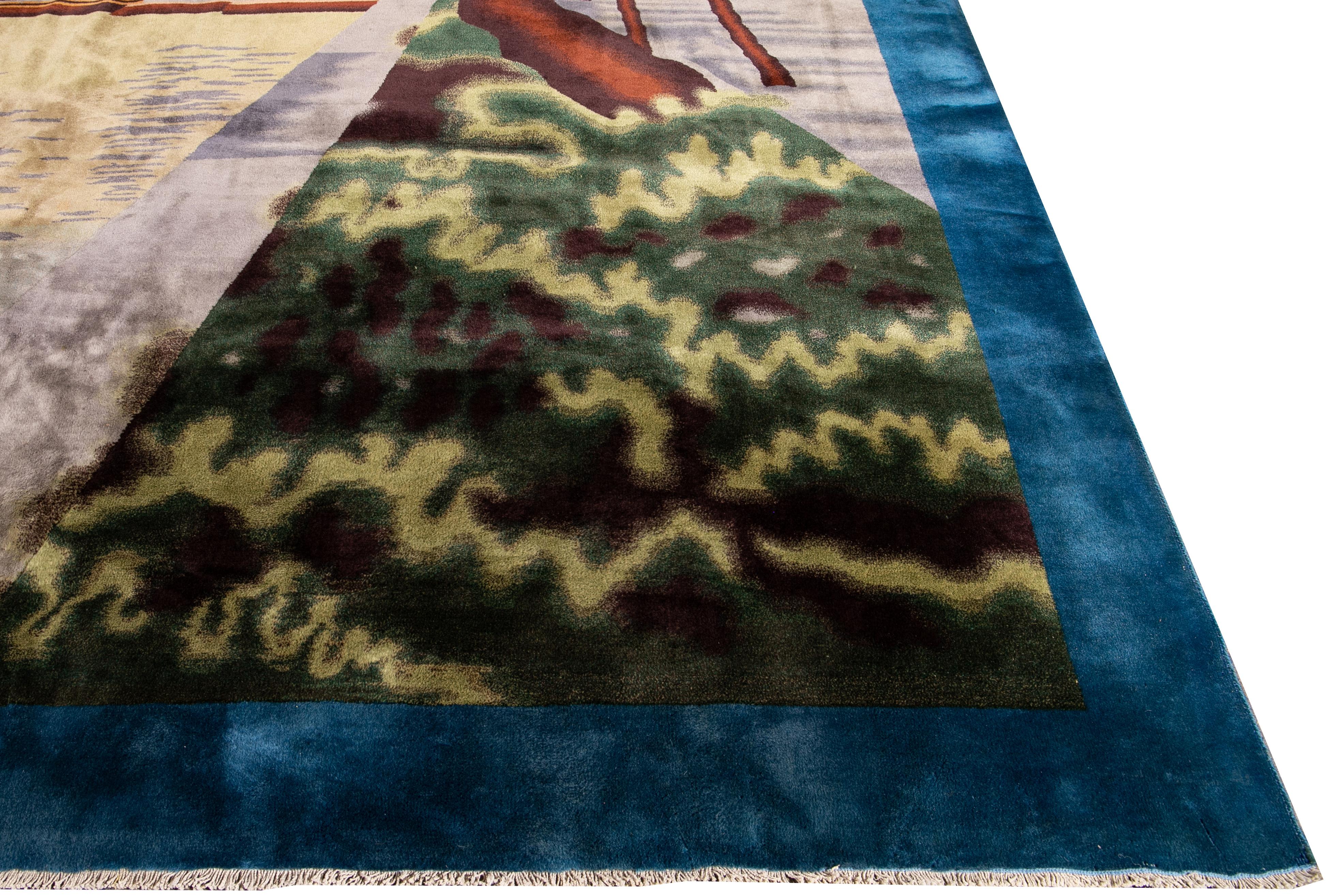 Chinois Tapis surdimensionné Art Déco chinois bleu fait à la main en vente