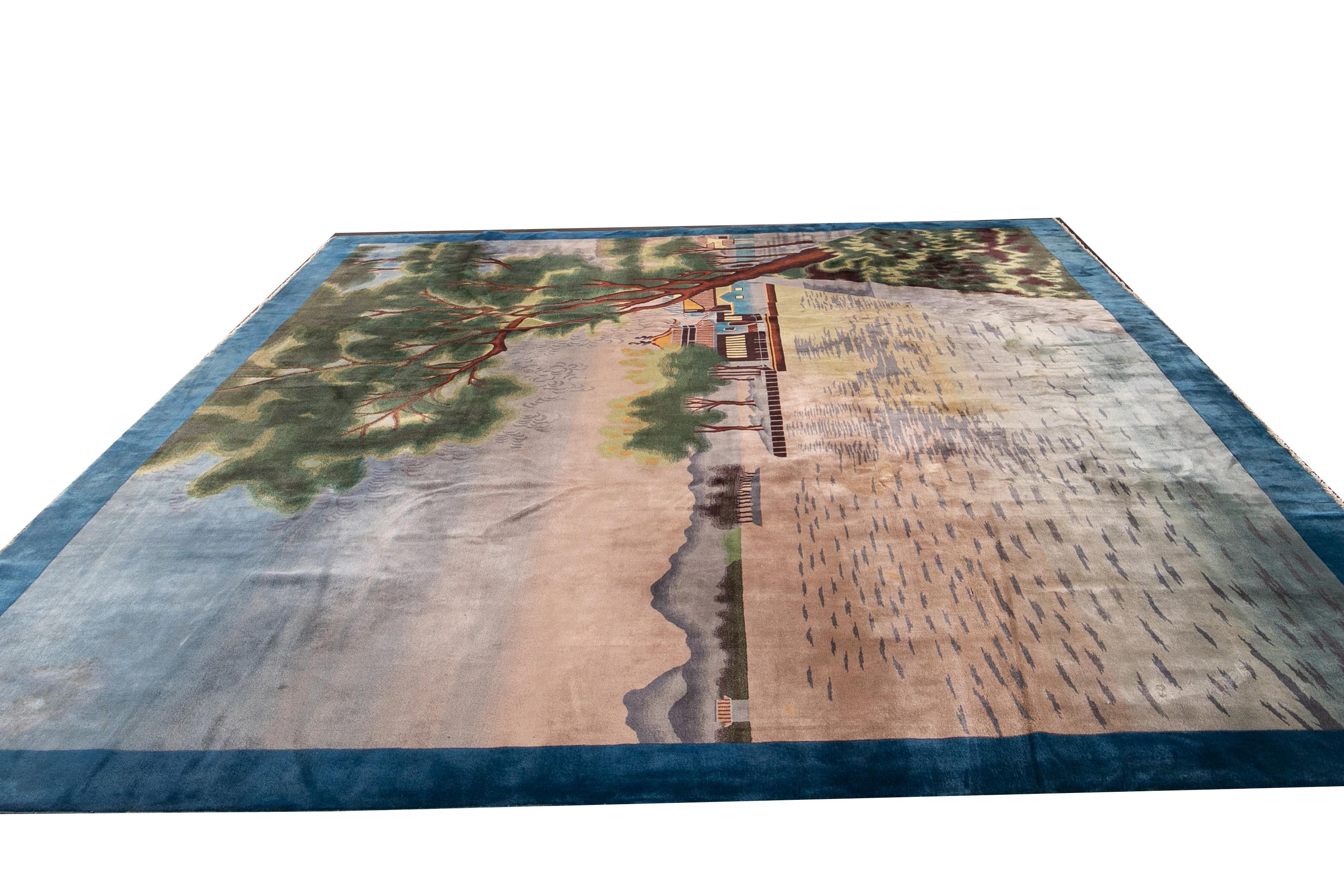 Tapis surdimensionné Art Déco chinois bleu fait à la main en vente 1