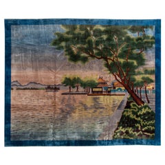 Antigua alfombra china Art Decó de lana azul pictórica hecha a mano