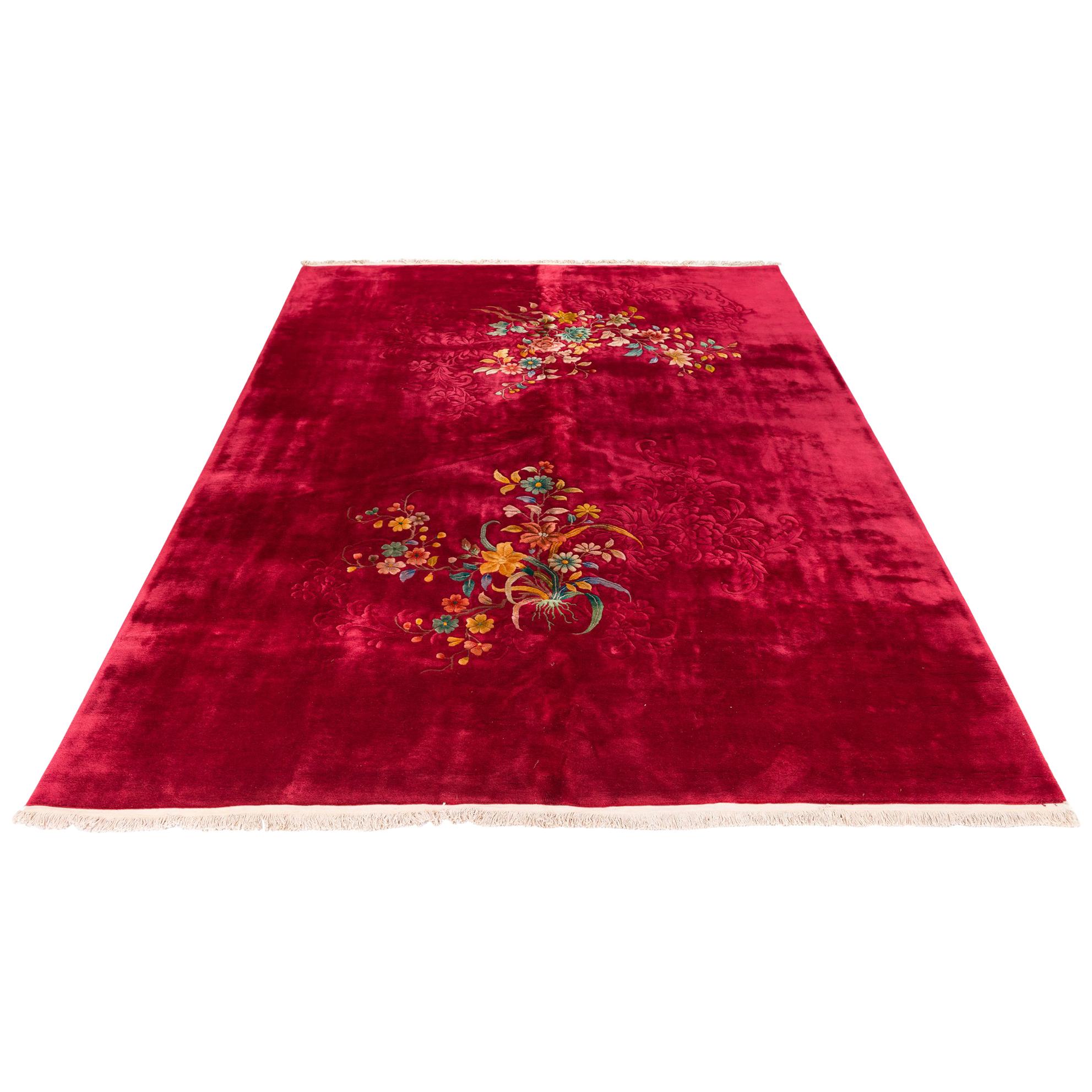 Antique Chinese Art Deco Burgundy Floral Rug with Thick Wool Pile For Sale