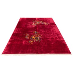 Antique Chinese Art Deco Burgundy Floral Rug with Thick Wool Pile