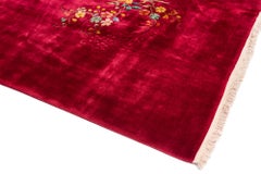 Antique Chinese Art Deco Burgundy Floral Rug with Thick Wool Pile
