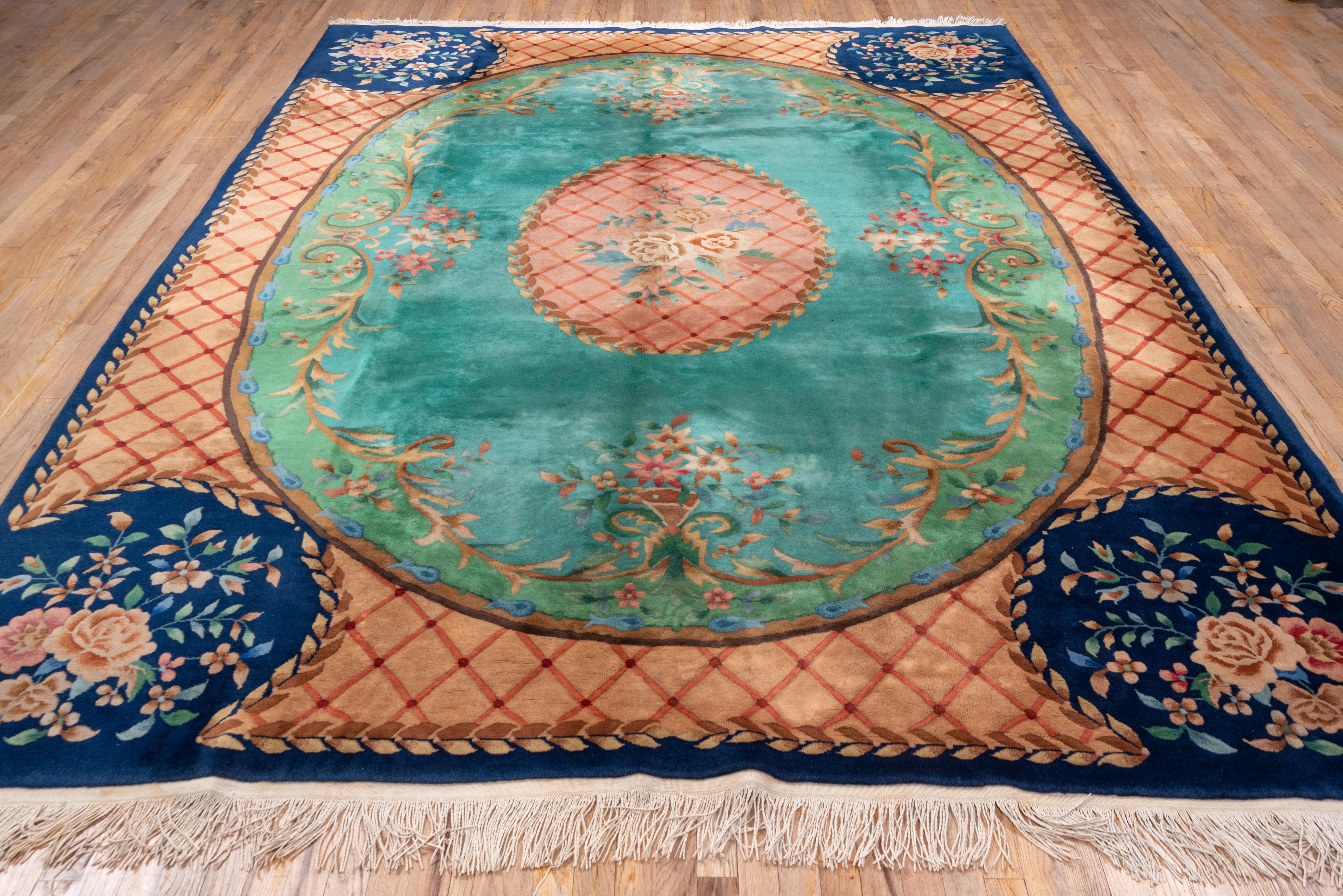 Antique Chinese Art Deco Carpet, Turquouse Field, Savonnerie Design In Good Condition In New York, NY