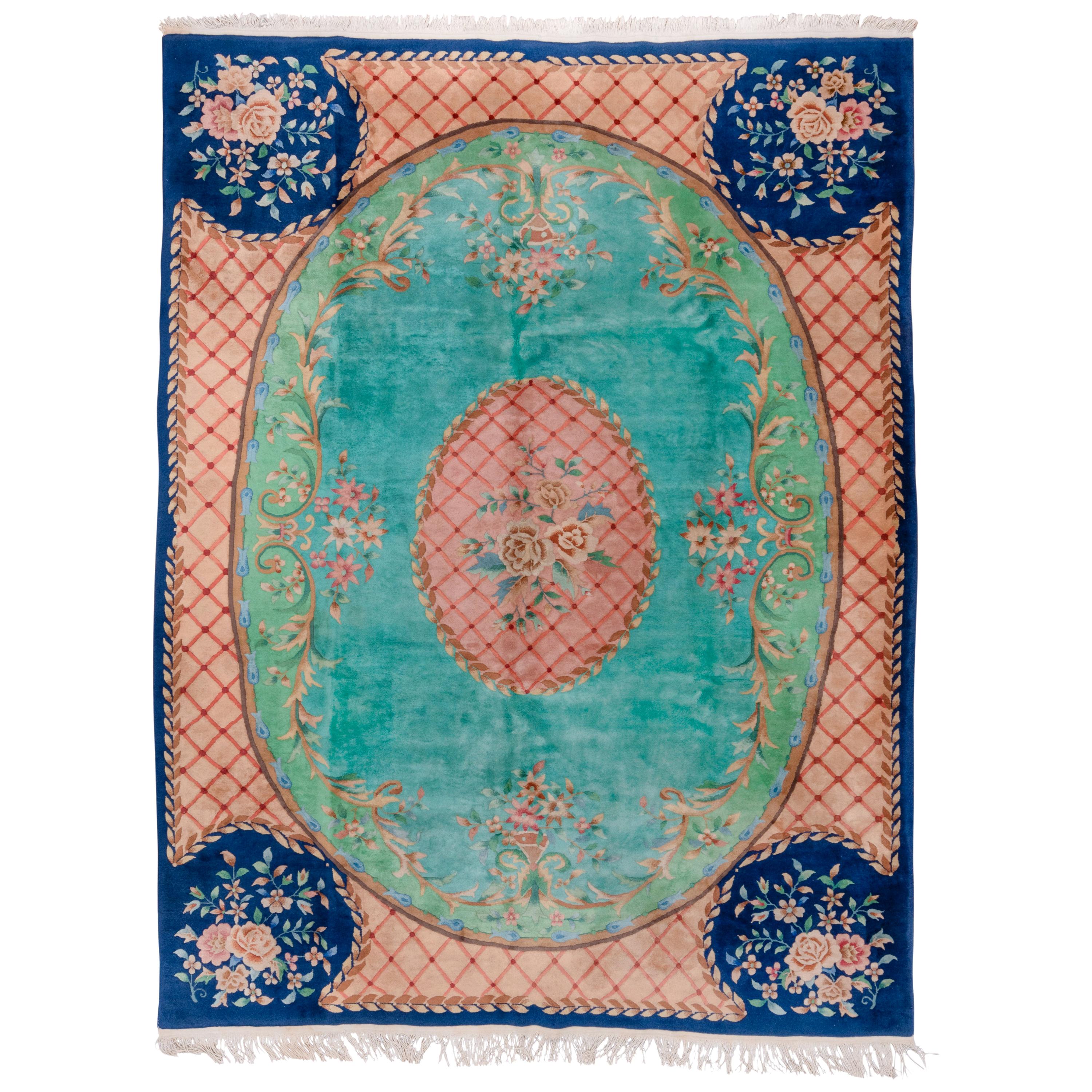 Antique Chinese Art Deco Carpet, Turquouse Field, Savonnerie Design