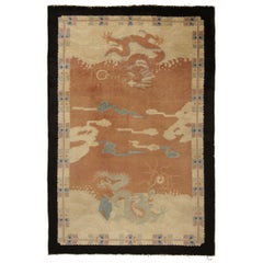Antique Chinese Art Deco Dragon Rug in Terracotta and Beige Pictorials