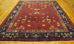 1900s Ruby Red Floral Medallion Antique Chinese Art Deco Rug Knotted Wool Carpet
