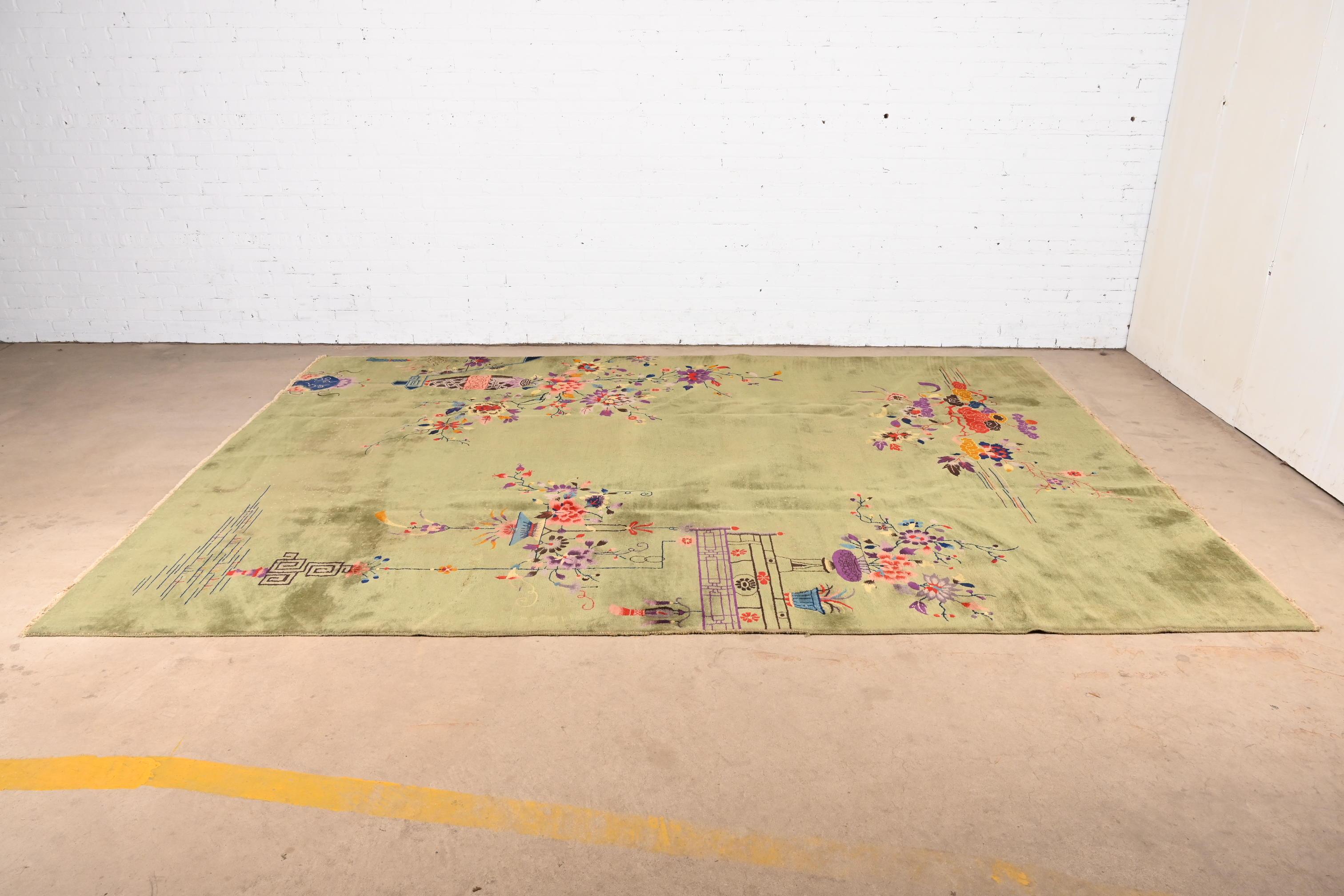 Antique Chinese Art Deco Hand-Knotted Room Size Wool Rug, Circa 1930s In Good Condition In South Bend, IN