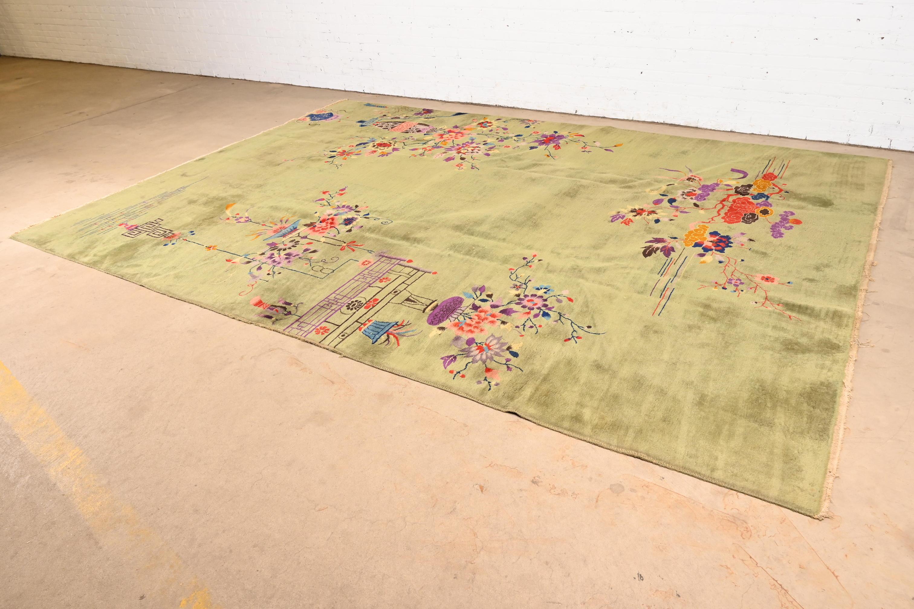 Mid-20th Century Antique Chinese Art Deco Hand-Knotted Room Size Wool Rug, Circa 1930s