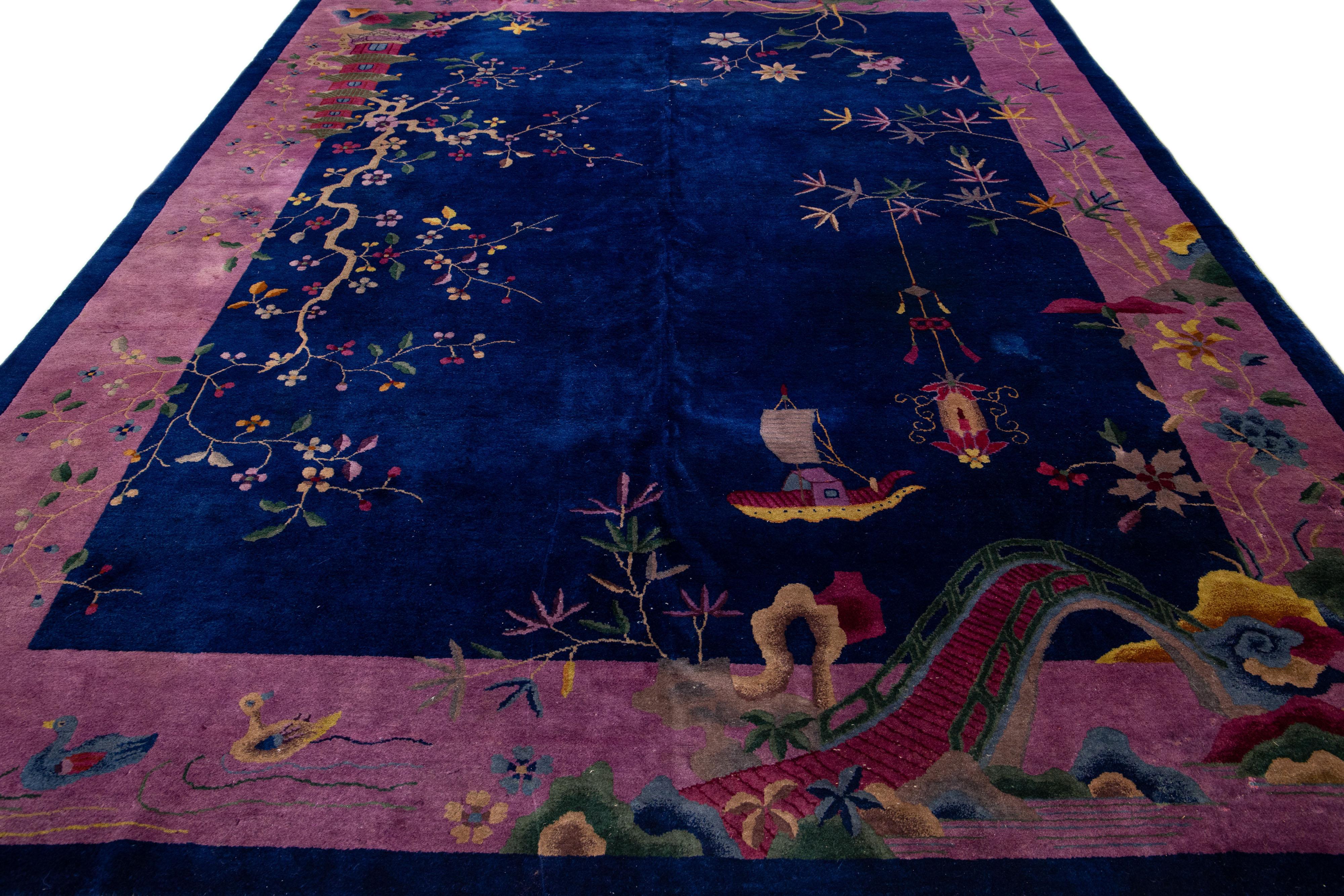 Hand-Knotted Antique Chinese Art Deco Handmade Blue Wool Rug with Floral Motif For Sale