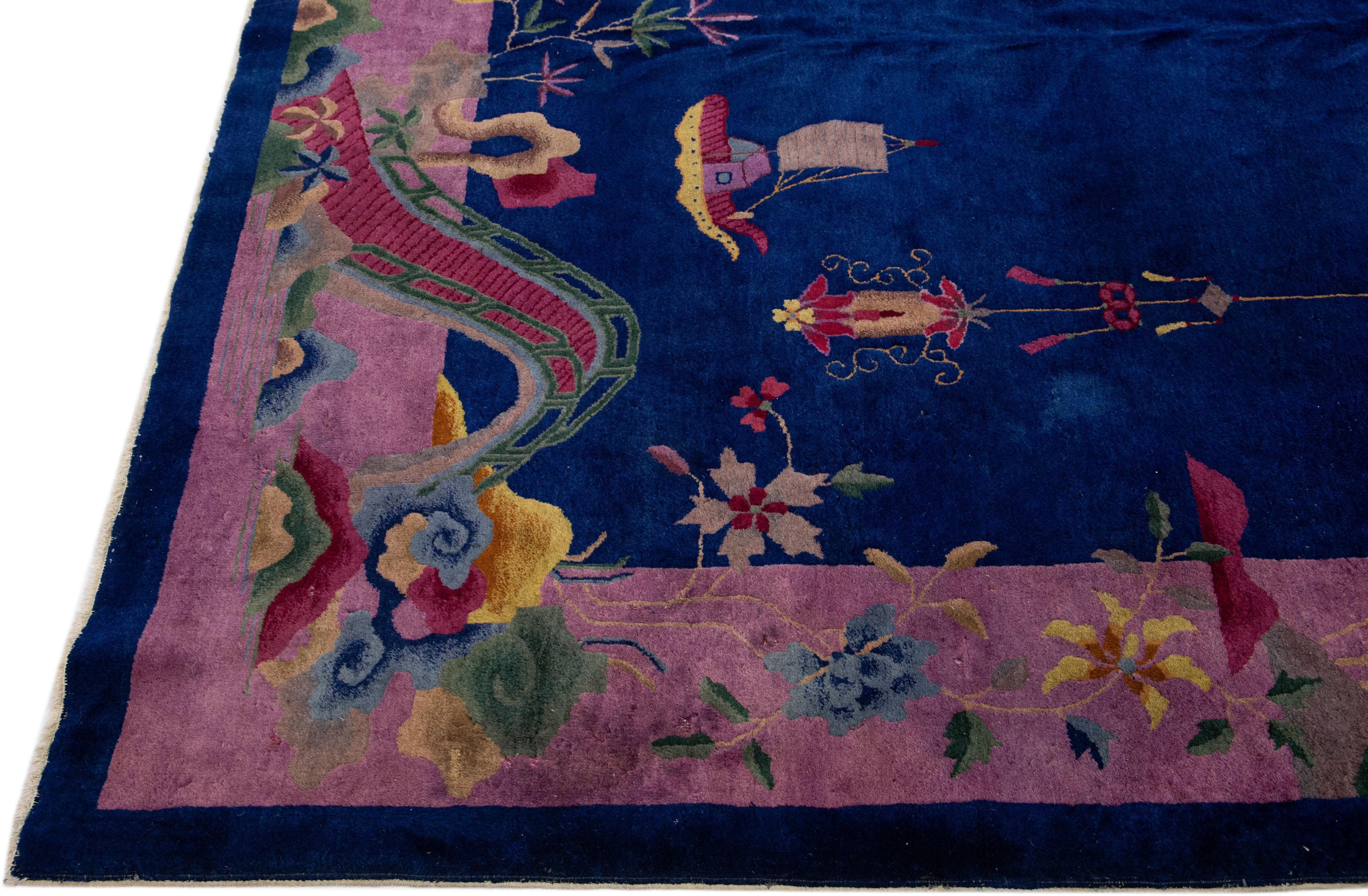 Antique Chinese Art Deco Handmade Blue Wool Rug with Floral Motif In Excellent Condition For Sale In Norwalk, CT