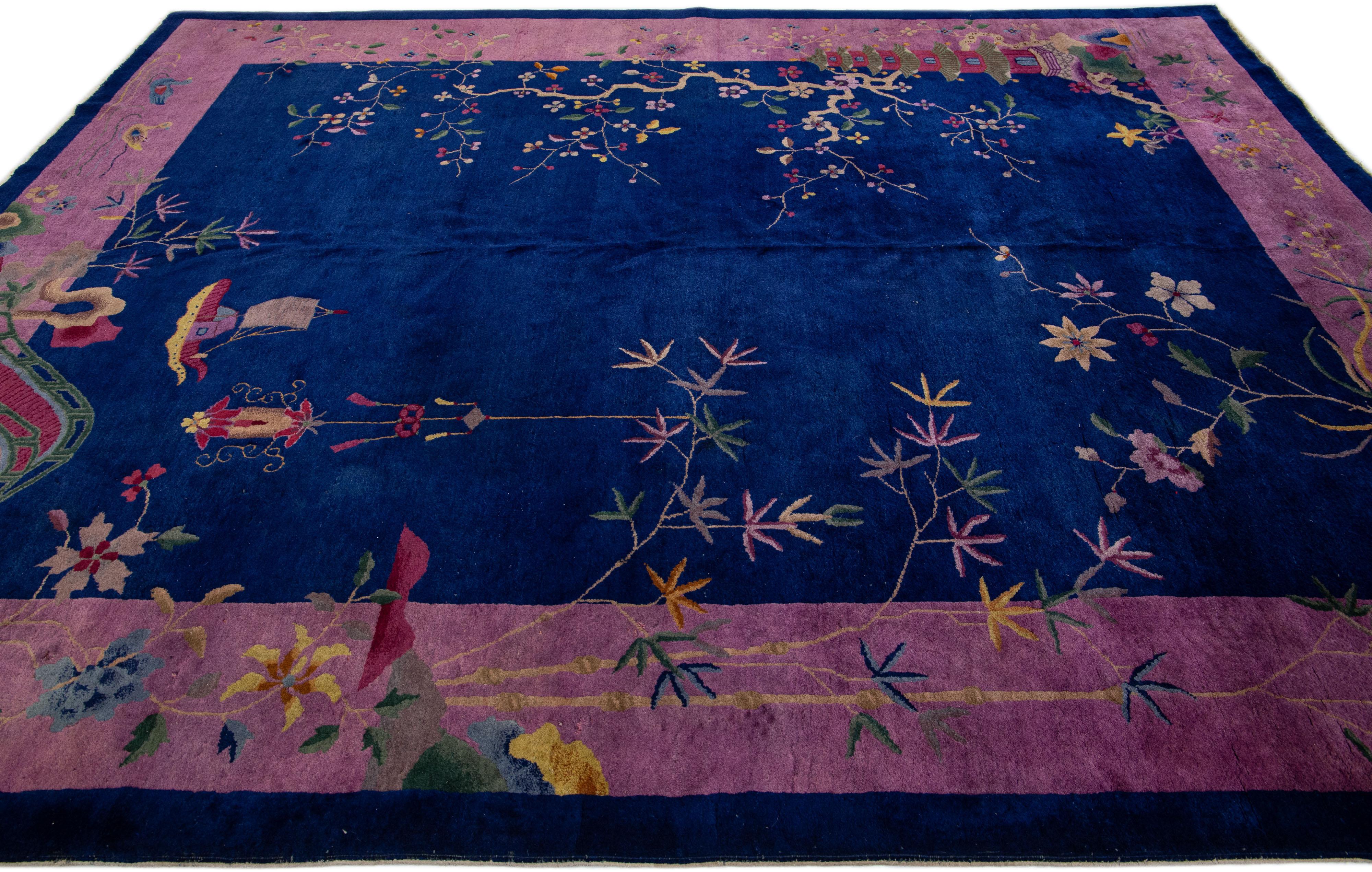 20th Century Antique Chinese Art Deco Handmade Blue Wool Rug with Floral Motif For Sale