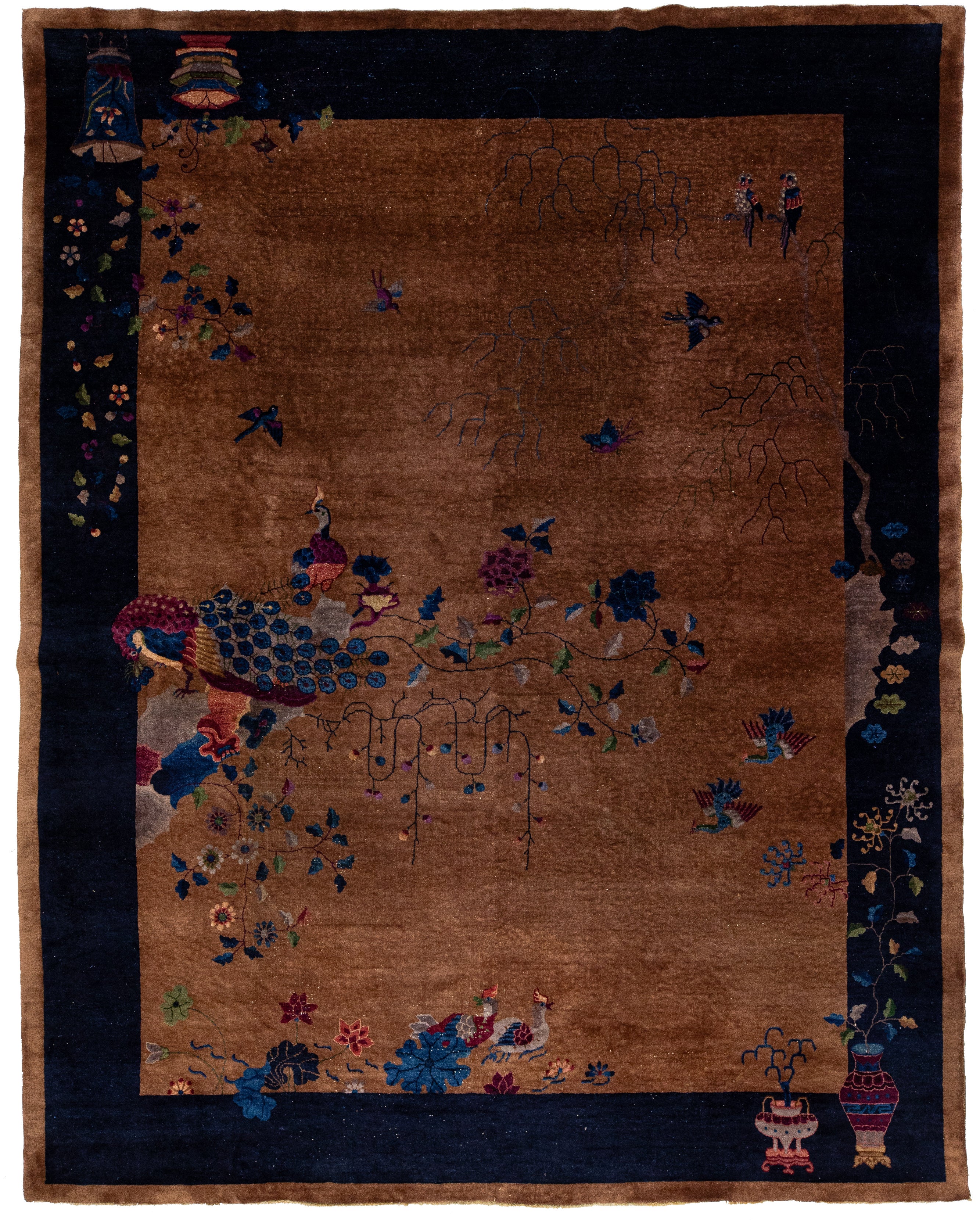 Antike chinesische Art Deco Handgefertigt Brown & Blau Wolle Teppich mit traditionellen Design