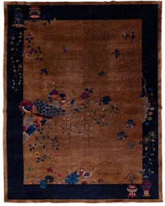 Antique Chinese Art Deco Handmade Brown & Blue Wool Rug with Traditional Design (Rug de laine brun et bleu fait main avec un design traditionnel)