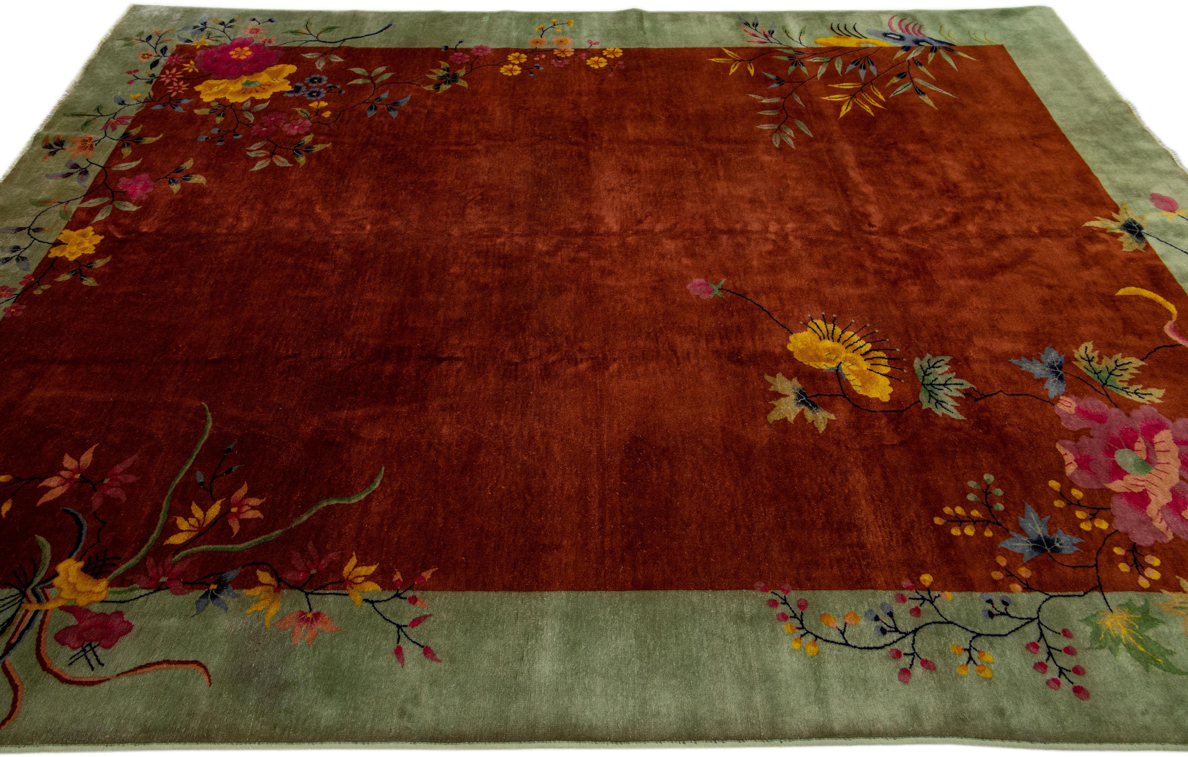 20th Century Antique Chinese Art Deco Handmade Brown & Green Wool Rug with Traditional Motif For Sale
