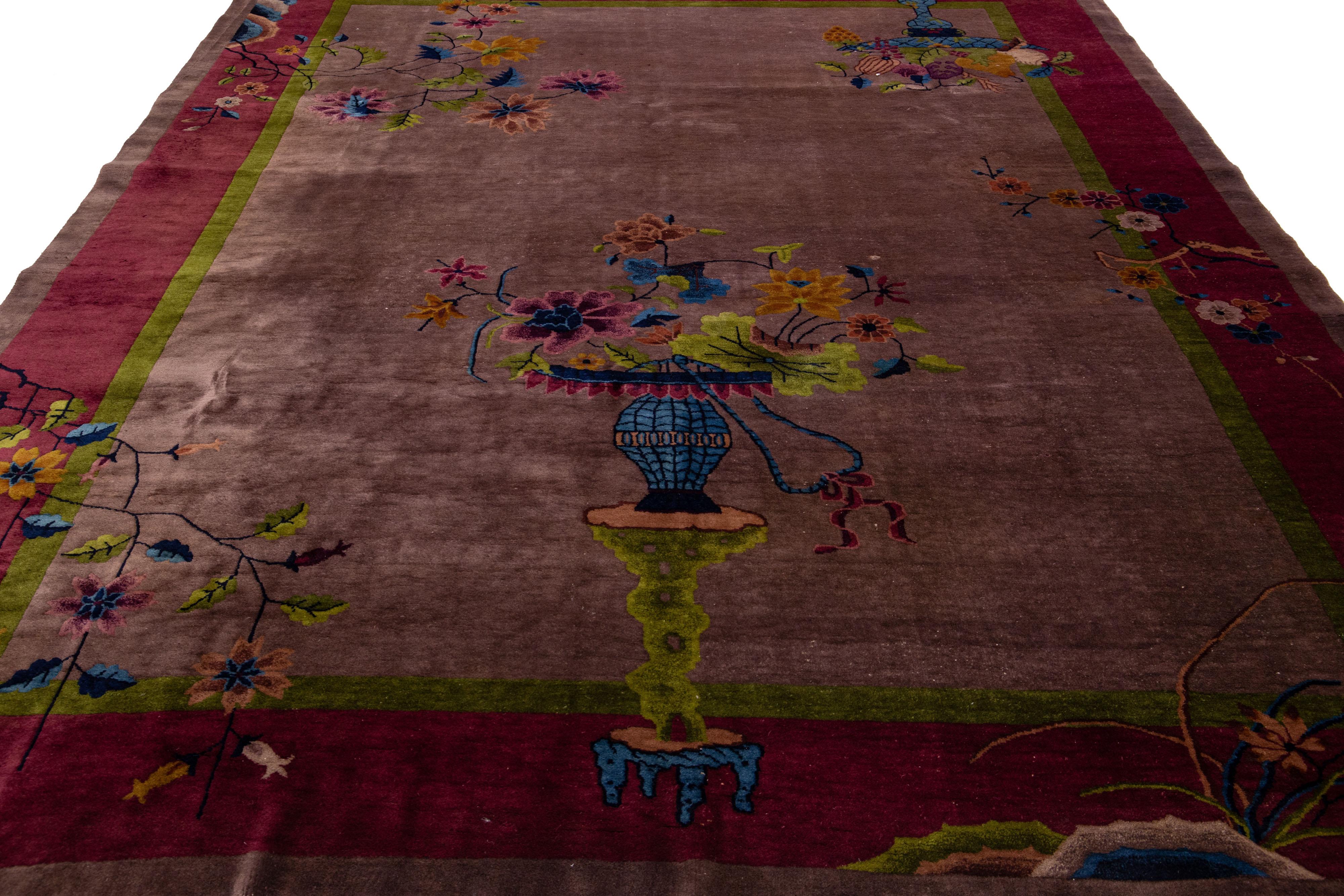 Hand-Knotted Antique Chinese Art Deco Handmade Burgundy Wool Rug with Floral Motif For Sale