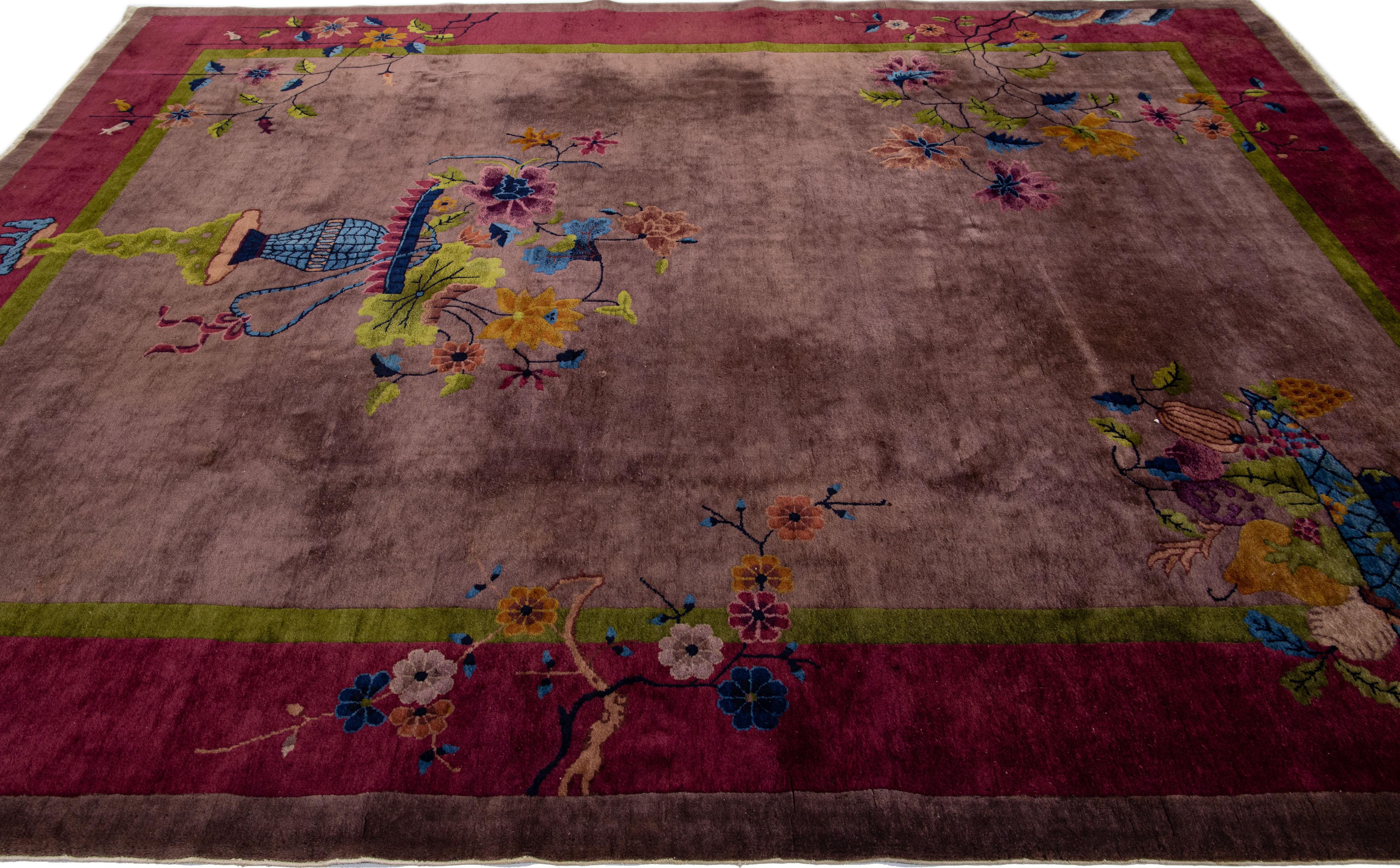 20th Century Antique Chinese Art Deco Handmade Burgundy Wool Rug with Floral Motif For Sale