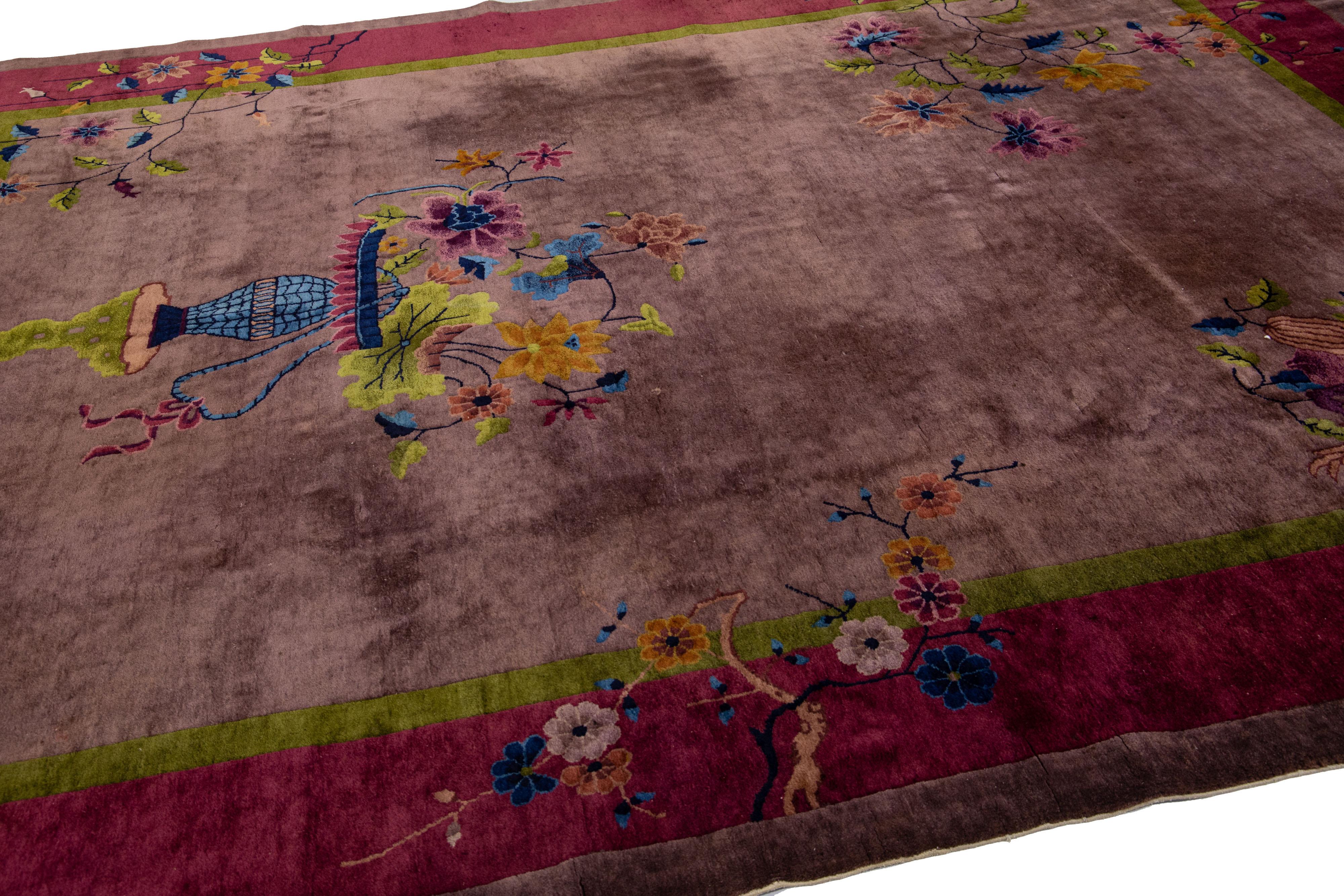Antique Chinese Art Deco Handmade Burgundy Wool Rug with Floral Motif For Sale 1
