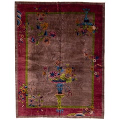 Ancien tapis chinois Art Déco en laine bourgogne fait à la main avec motif floral