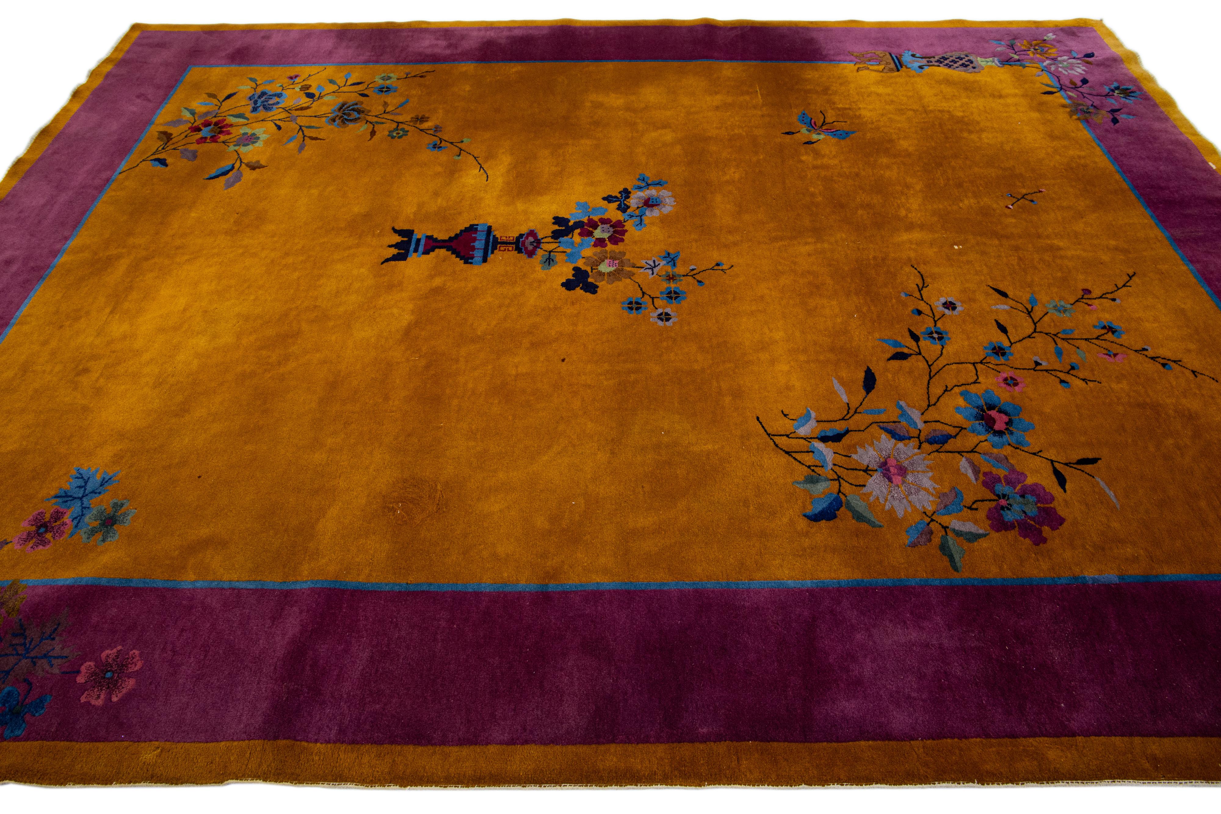 Hand-Knotted Antique Chinese Art Deco Handmade Floral Goldenrod Wool Rug For Sale